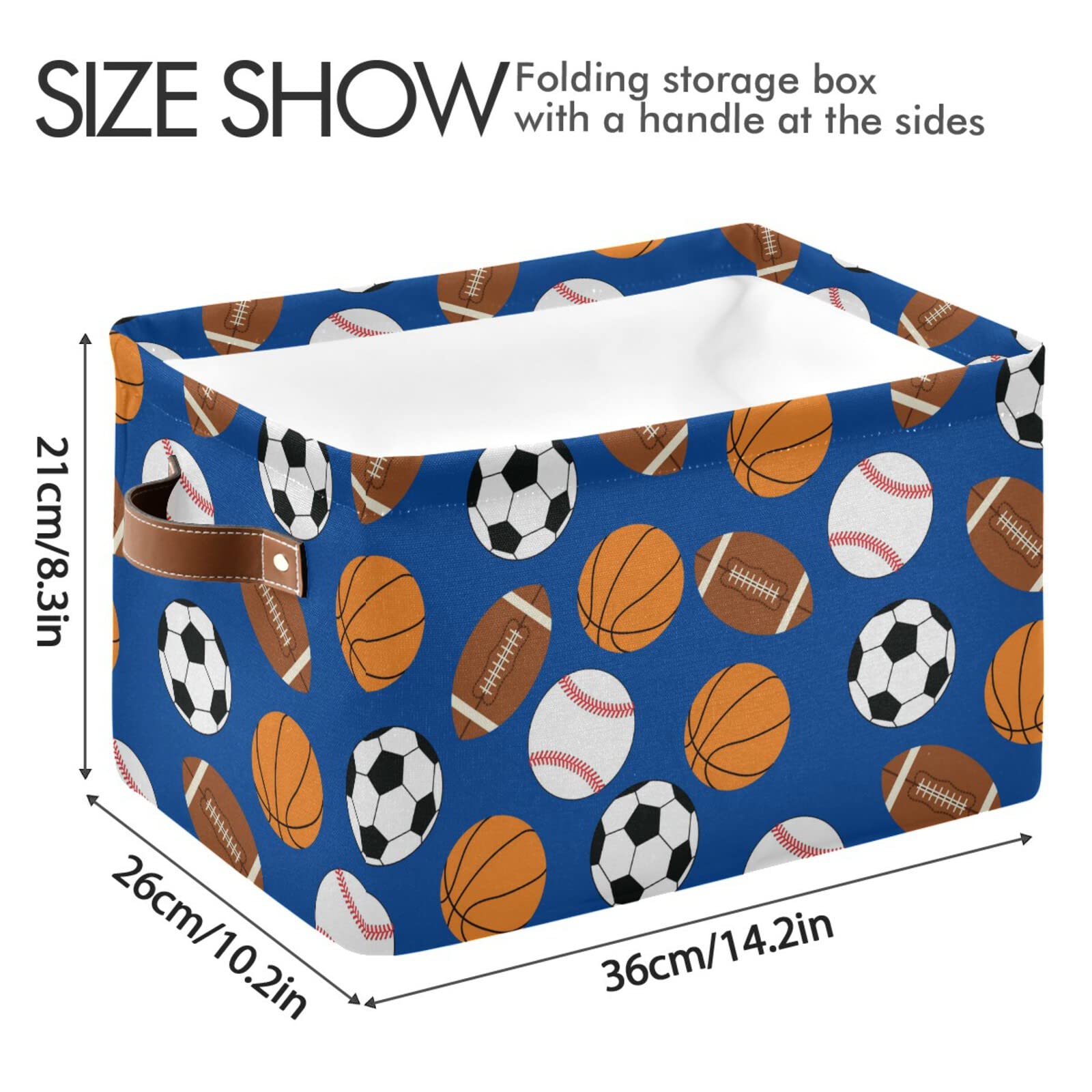 Collapsible Rectangular Storage Basket with Leather Handles - Sports Equipment Organizer for Football, Baseball, Basketball & Soccer Gear - Perfect for Shelves, Toy Storage, Baby Room Decor & Gift Baskets