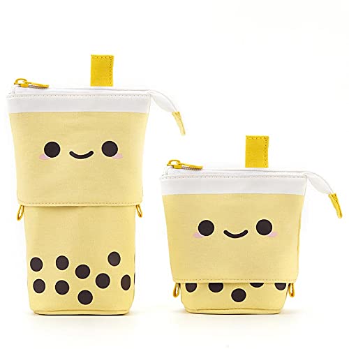 Universal Pen Case - Kawaii Cute Standing Pencil Holder with Telescopic Design for Desk, School & Office - Cartoon Milk Tea Themed Stationery Organizer for Women, Teens & Girls (Brown) | Perfect for Study, Work & Home Organization
