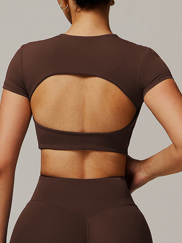 ZASUWA Women's Solid Color Backless Crop Top with Built-in Pads - Short Sleeve Casual Shirt for Summer, Beach, and Party Wear