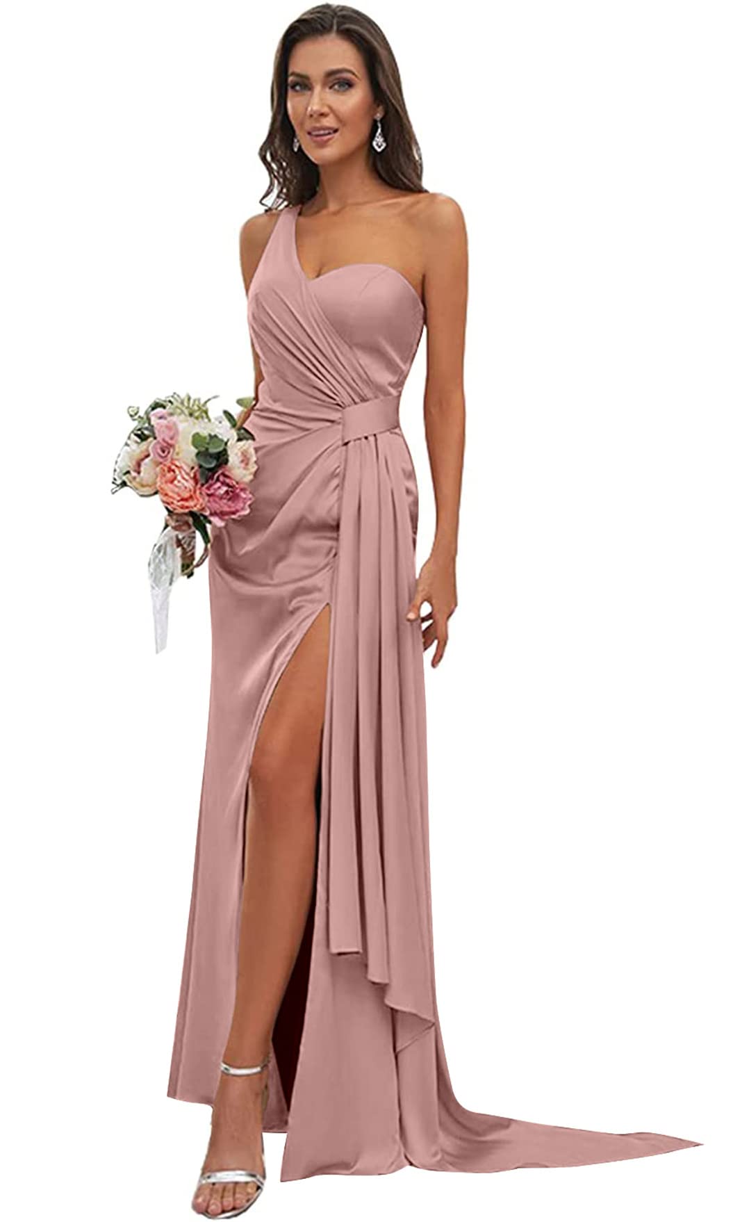 Elegant One Shoulder Mermaid Bridesmaid Dress - Long Satin Formal Prom Gown with High Slit for Wedding, Party & Special Occasions | Perfect for Beach Weddings, Cocktail Events & Evening Galas