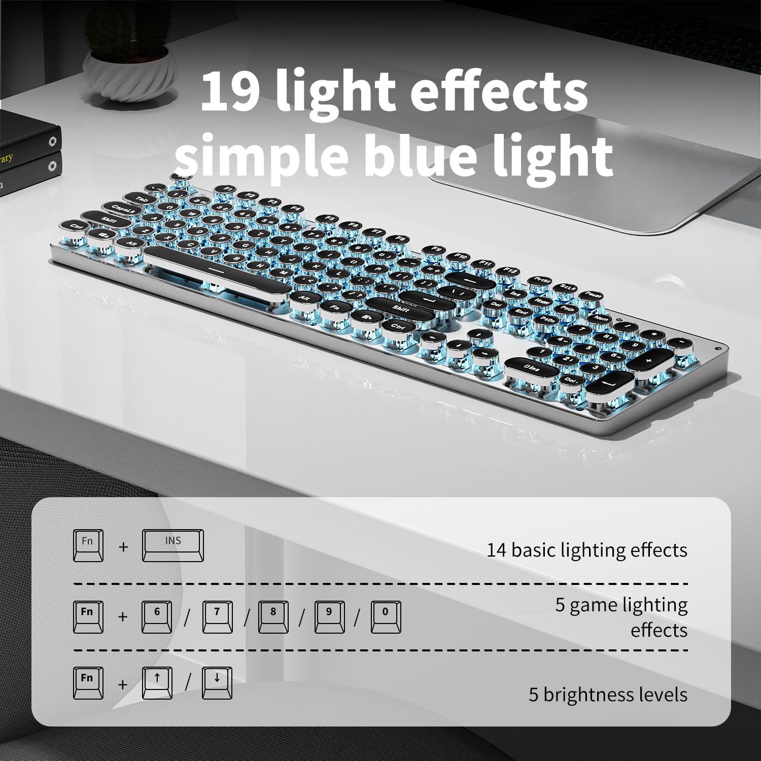 EWEADN TK950 Wireless Mechanical Keyboard - 104 Keys Retro Typewriter Design with Blue Backlit, Anti-Ghosting, Blue Switch (Bluetooth/2.4GHz/Wired) - Perfect for Typing, Gaming & Office Work - Black