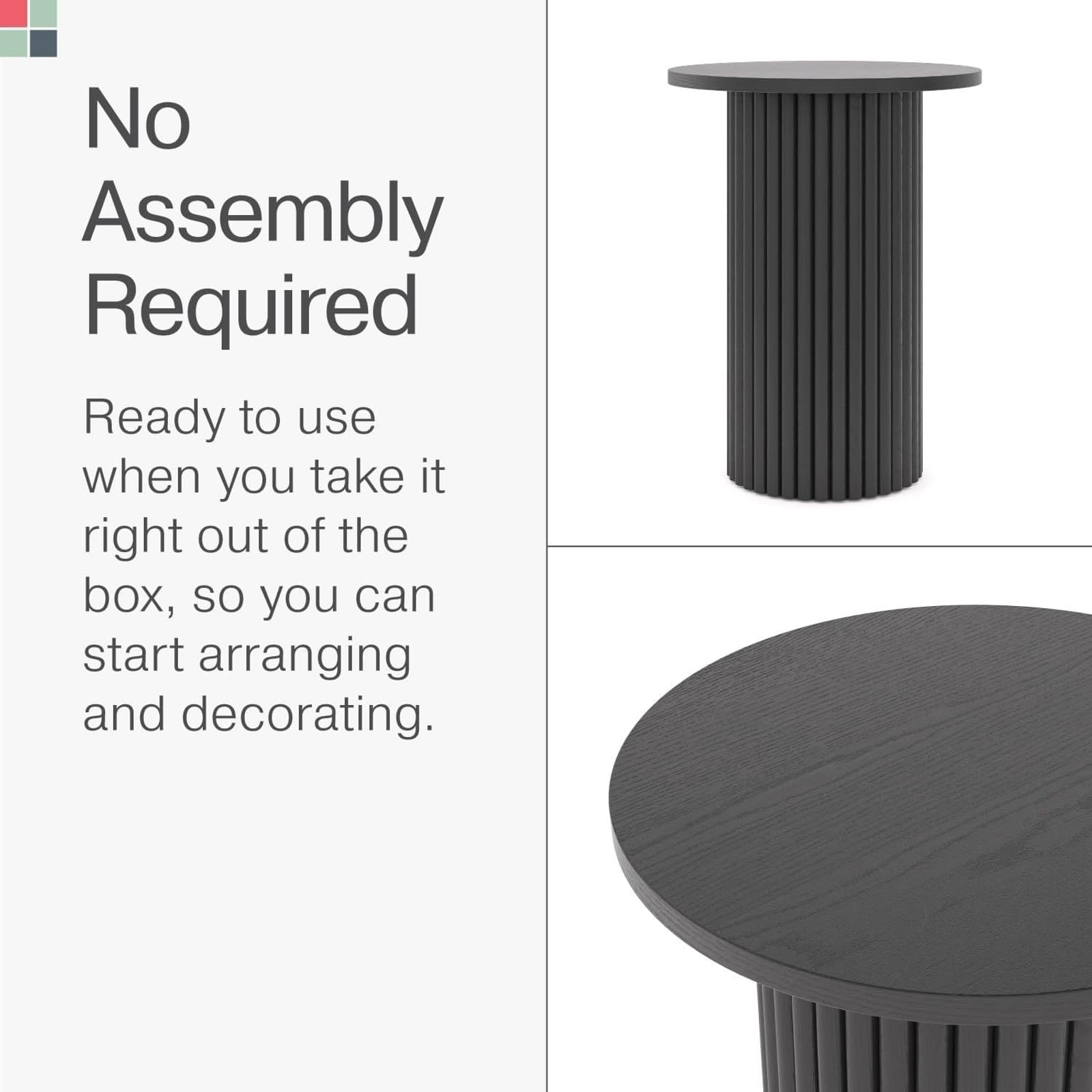 Small Round Fluted Accent Side Table - Black Wooden End Table with Solid Oak Base for Modern Bedroom & Living Room - Nightstand, Sofa Side Table, Coffee Table Companion (Blackened Oak Finish)