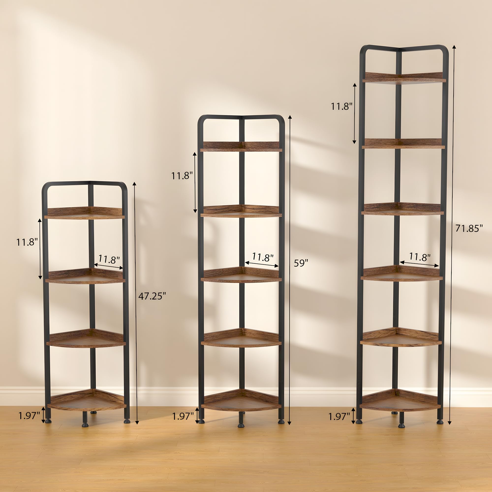 4-Tier Corner Shelf Stand - Rustic Brown Metal Frame Multi-Purpose Display & Storage Unit for Books, Plants & Decor | Perfect for Living Room, Home Office & Small Spaces