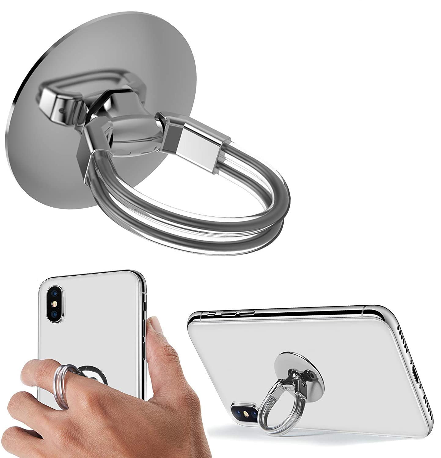 Tvoip 2Pcs Universal 3-in-1 Cell Phone Ring Holder, Finger Grip Stand & Car Vent Mount for Phones & Tablets, Silver - Perfect for Driving, Watching Videos, and Secure Grip