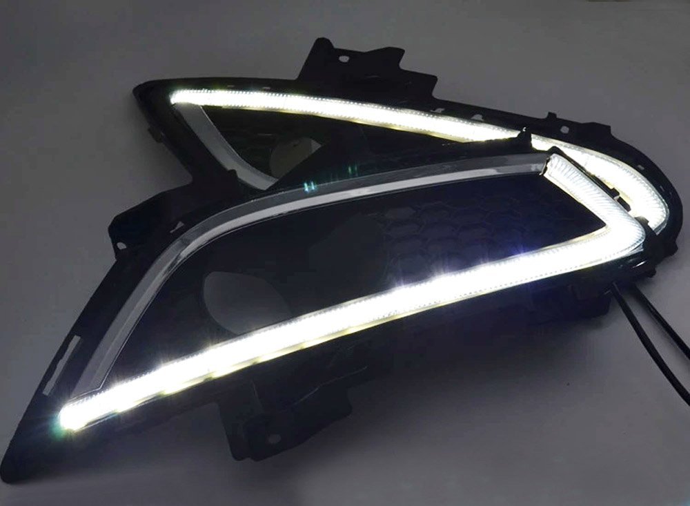 iJDMTOY LED Daytime Running Lights & Halogen Fog Lamp Kit for 2013-2016 Ford Fusion - Includes DRL Fog Bezels, Halogen Fog Lights & Wiring Harness - Perfect for Enhanced Visibility & Style on Night Driving and Bad Weather Conditions