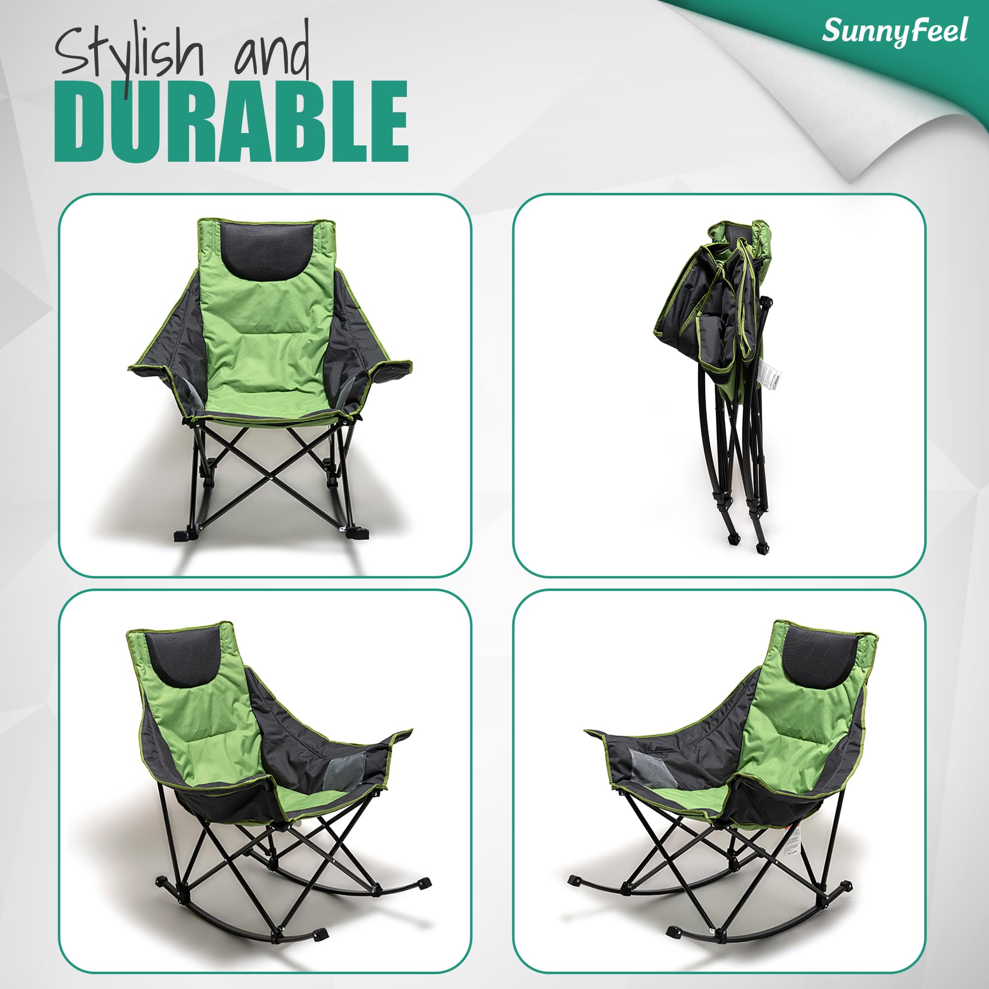 Sunnyfeel Oversized Padded Camping Rocking Chair for Adults - Luxury Recliner, Foldable Outdoor Lawn Chair for Patio, Backyard, Beach & Picnic (Green)