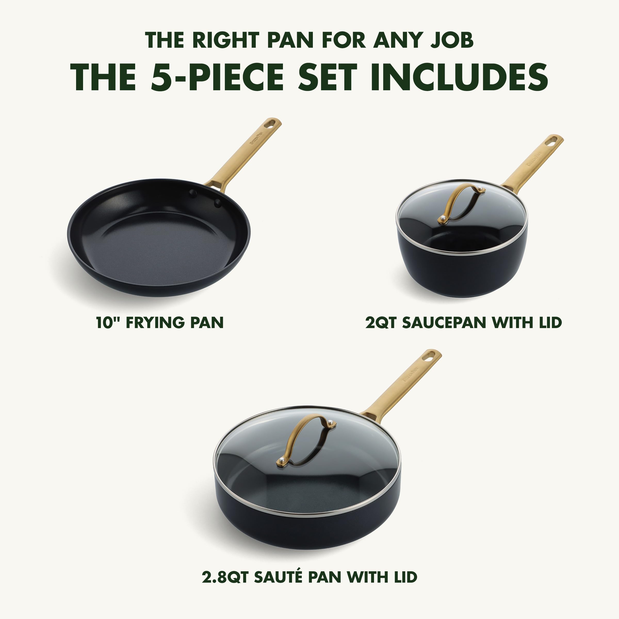 GreenPan Reserve Hard Anodized Healthy Ceramic Nonstick 5-Piece Cookware Set - PFAS-Free, Dishwasher & Oven Safe, Black Pots & Pans with Gold Handles for Healthy Cooking | Perfect for Frying, Sautéing & Baking in Modern Kitchens