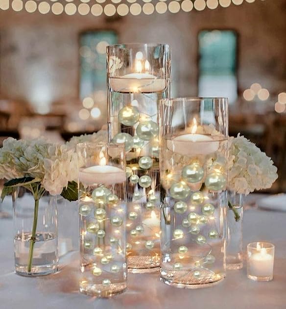 300 Floating White Pearls - Jumbo Size Pearls for Vases (Fills 4 Gallons) with Transparent Gel & Prep Bags + Warm White Submersible Fairy Lights - Perfect for Wedding Centerpieces, Home Decor, and Spa Relaxation