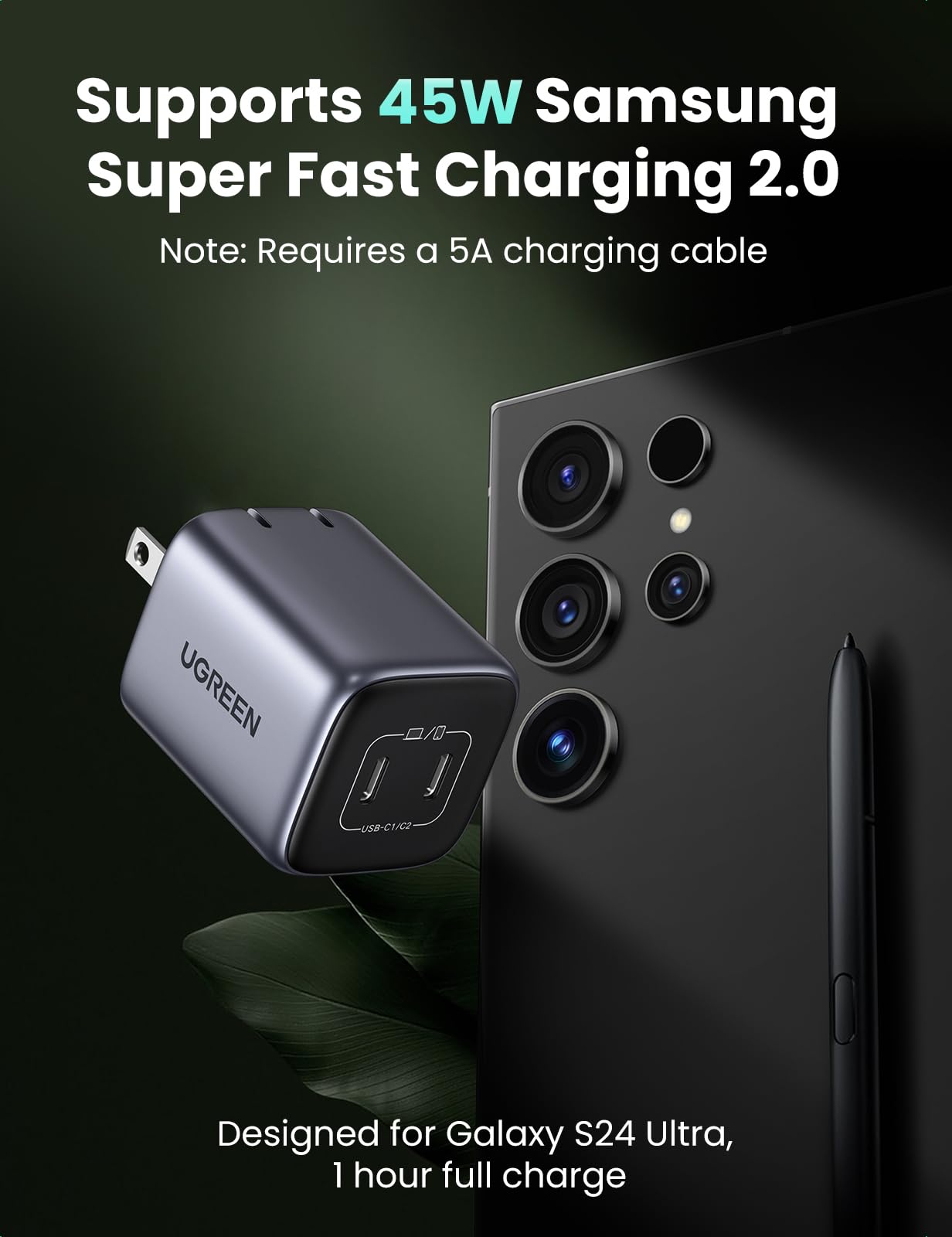 UGREEN Nexode 45W GaN PPS Dual USB C Fast Charger - Compact Wall Charger for Galaxy S24/S23/S22, iPhone 16, iPad, Pixel 9 - Super Fast Charging 2.0 Technology - Perfect for Travel, Office & Home Use (Black)