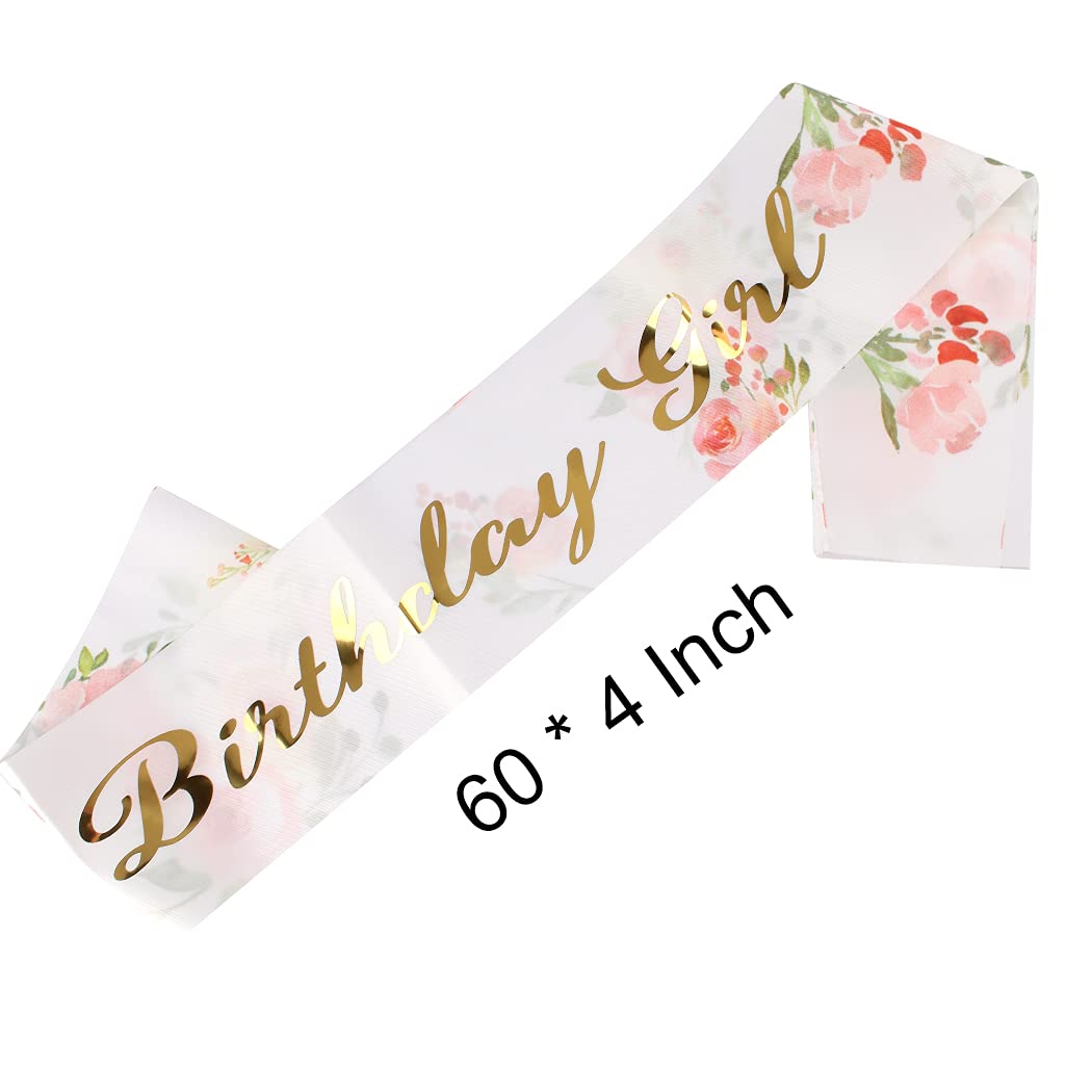 Gold Rhinestone Birthday Crown for Women - Floral Sash Tiara Headband with Sparkling Crystals | Princess Party Accessories for Birthday Girls, Bridal Showers & Special Celebrations