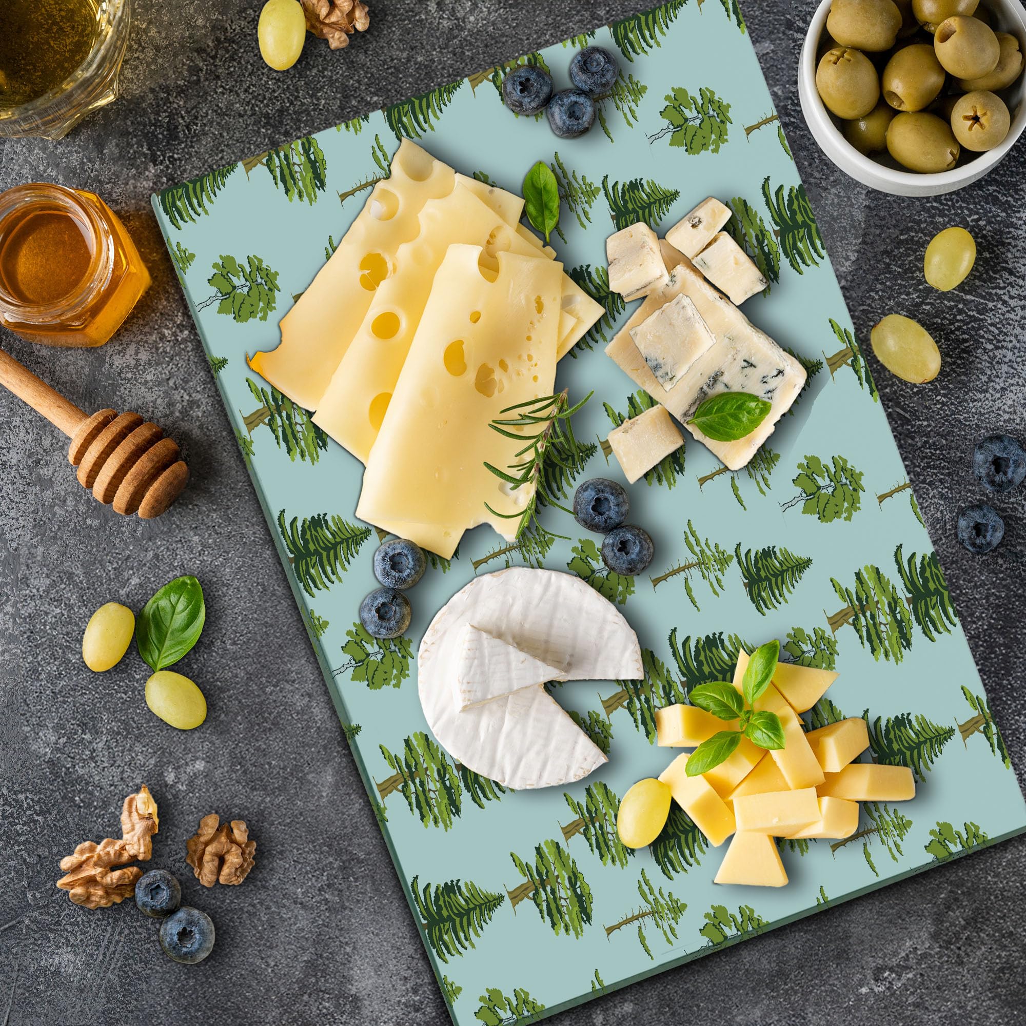 Ambesonne Decorative Tempered Glass Cutting Board with Pine Oak Fir Tree Motifs - Large Pastel Blue & Green Serving Board for Kitchen, Charcuterie & Entertaining