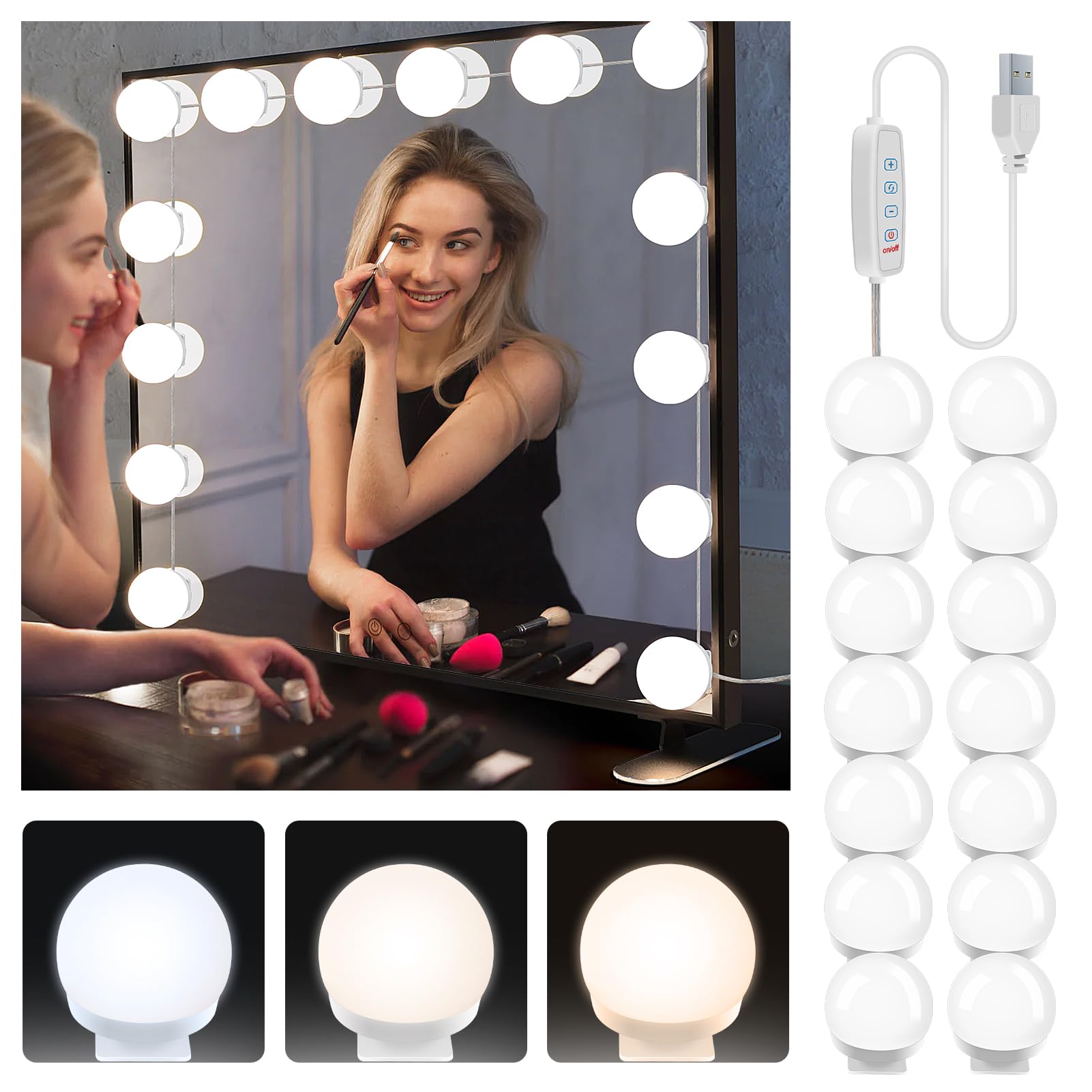 YGS-Tech 14 Bulb Dimmable Hollywood Style LED Vanity Mirror Lights - USB Powered Makeup Mirror Lighting with 3 Color Modes & 10 Brightness Levels - Perfect for Bedroom Dresser, Bathroom Vanity, and Professional Makeup Studio