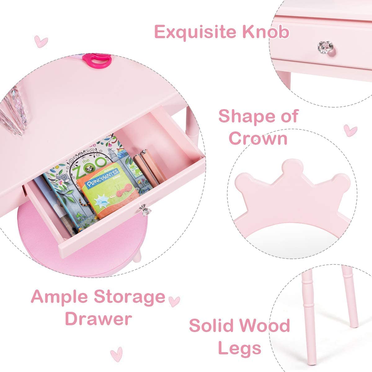Firflowery Princess Vanity Set for Girls Ages 3+ - Pink & White Kids Dressing Table with Mirror, Detachable Top & Matching Stool - Perfect for Pretend Play, Birthday Gifts & Bedroom Decor