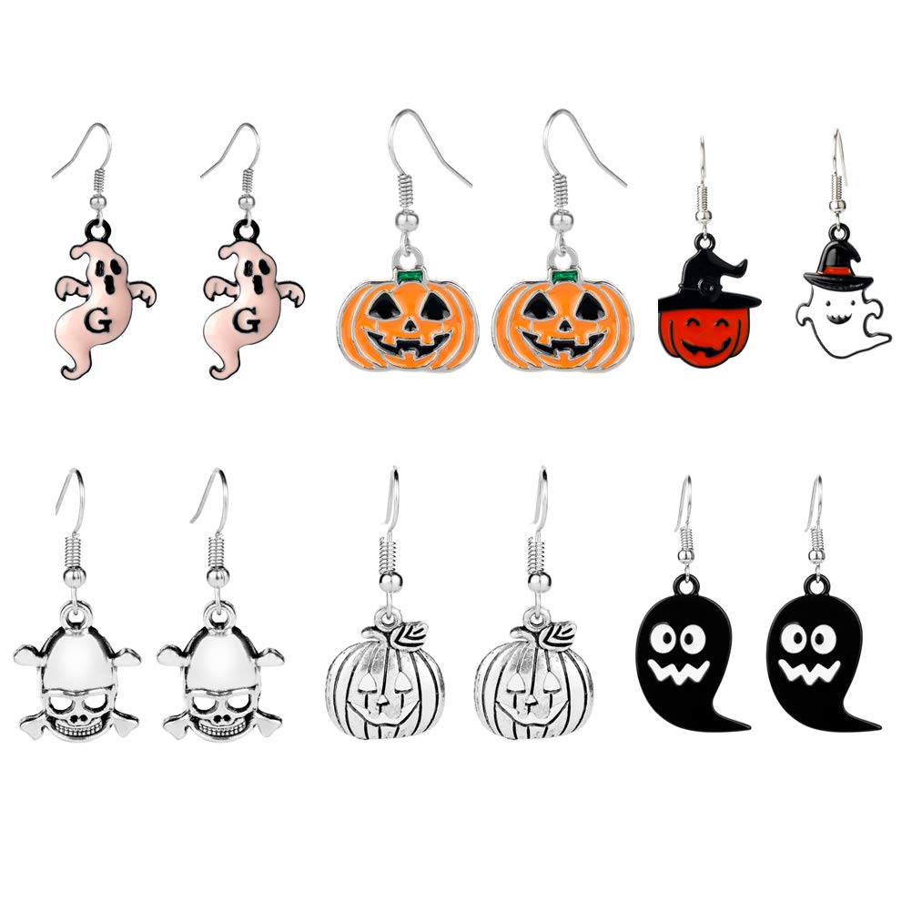 POPETPOP Halloween Earrings Set - 6Pcs Spooky Pumpkin Skull Ghost Dangle Ear Pendants for Women | Perfect for Halloween Parties, Cosplay & Gothic Fashion Accessories