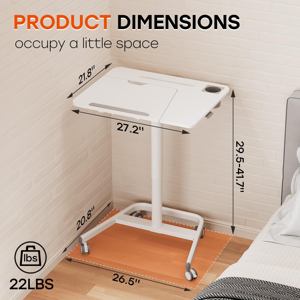 JOY Worker Adjustable Mobile Standing Desk - Portable Sit Stand Workstation with Wheels & Cup Holder - 60° Tiltable Laptop Table for Home Office, Bedroom, Couch & School Use - Holds 22lbs - White