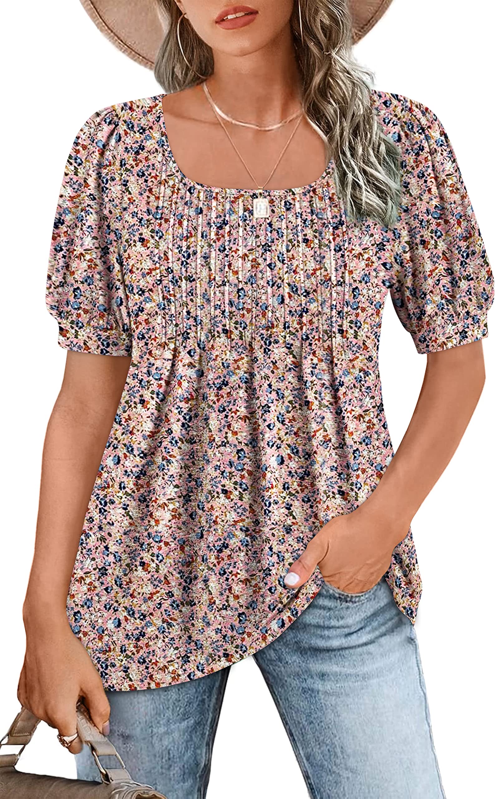 Zwurew Women's Summer Casual Puff Short Sleeve T-Shirt - Square Neck Pleated Flowy Tunic Top for Leggings (Sizes S-2XL) | Perfect for Beach Outings, Yoga, and Everyday Wear