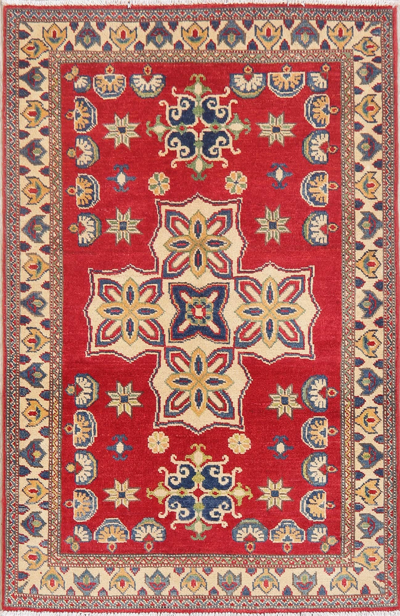 Hand-Knotted Wool Oriental Area Rug - Super Kazak Geometric Red Carpet (4'11
