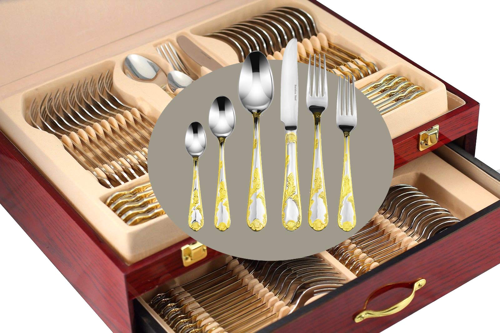 Venezia Collection 75-Piece Gold Flatware Set for 12 - 24K Gold Plated 18/10 Surgical Stainless Steel Luxury Silverware Cutlery with Wooden Storage Chest - Perfect for Weddings, Dinner Parties & Holiday Entertaining (Biscotti)