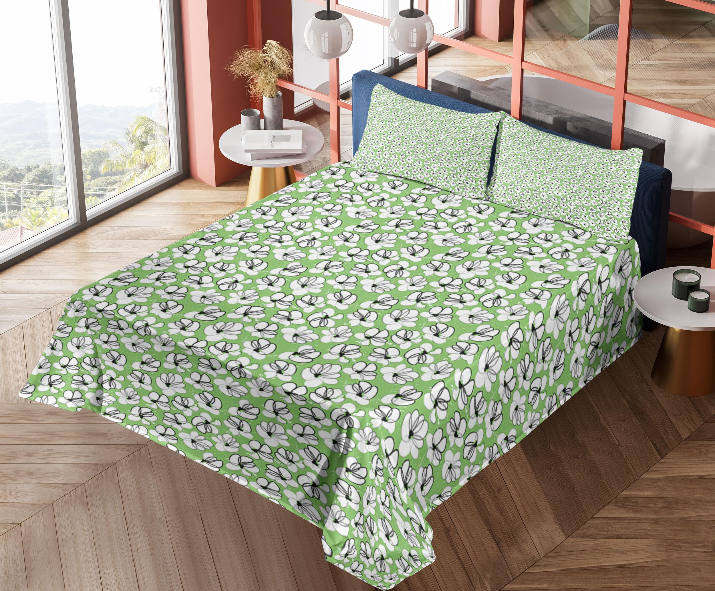 Ambesonne Floral King Sheet Set - 4 Piece Modern Design Summer Petals with Grunge Strokes Bedding Set, Fitted & Flat Sheets with Pillowcases, Shamrock Green Black - Perfect for Master Bedroom, Guest Room & Vacation Home Decor