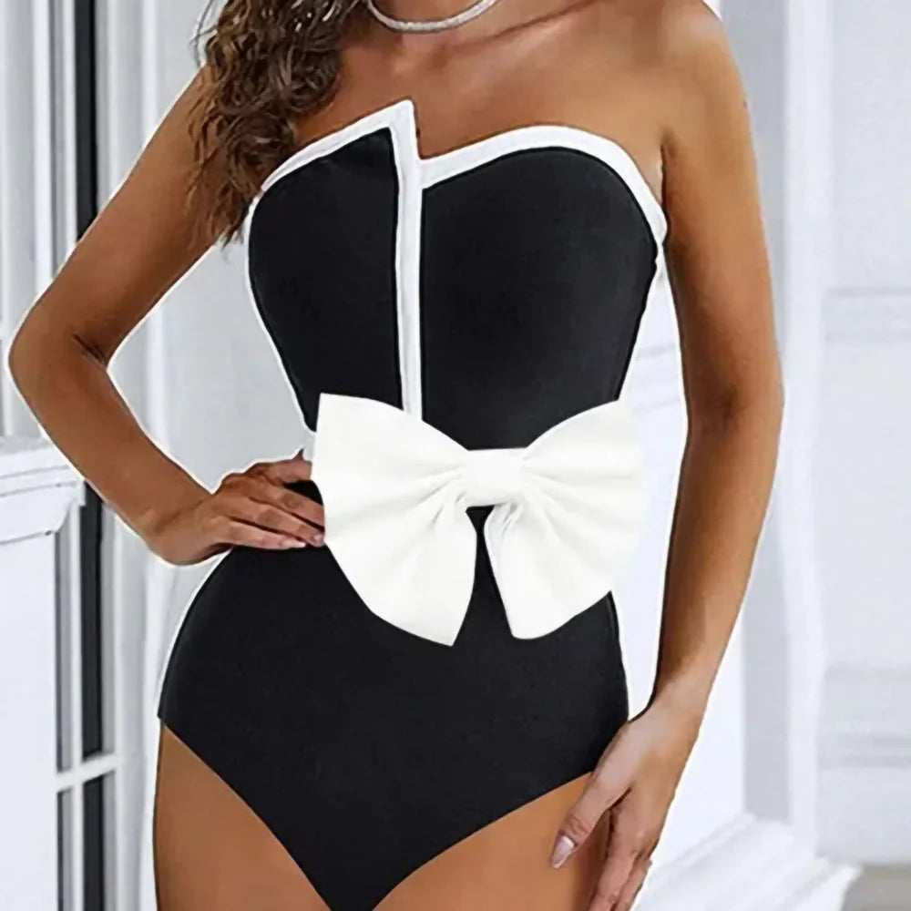 Women's Black & White Vintage Swimsuit - Elegant Tube Top Bikini with Bow Belt & Asymmetrical Skirt for Beach, Pool & Summer Vacations
