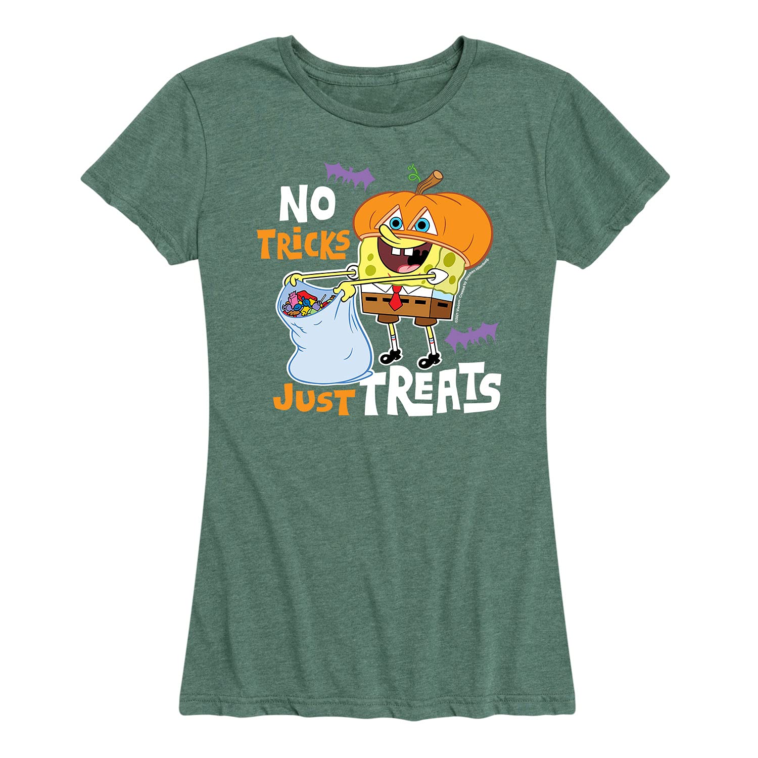 HYBRID APPAREL Women's Spongebob Squarepants No Tricks Just Treats Graphic T-Shirt - Short Sleeve Cartoon Tee for Casual Wear, Halloween Costume & Funny Gift