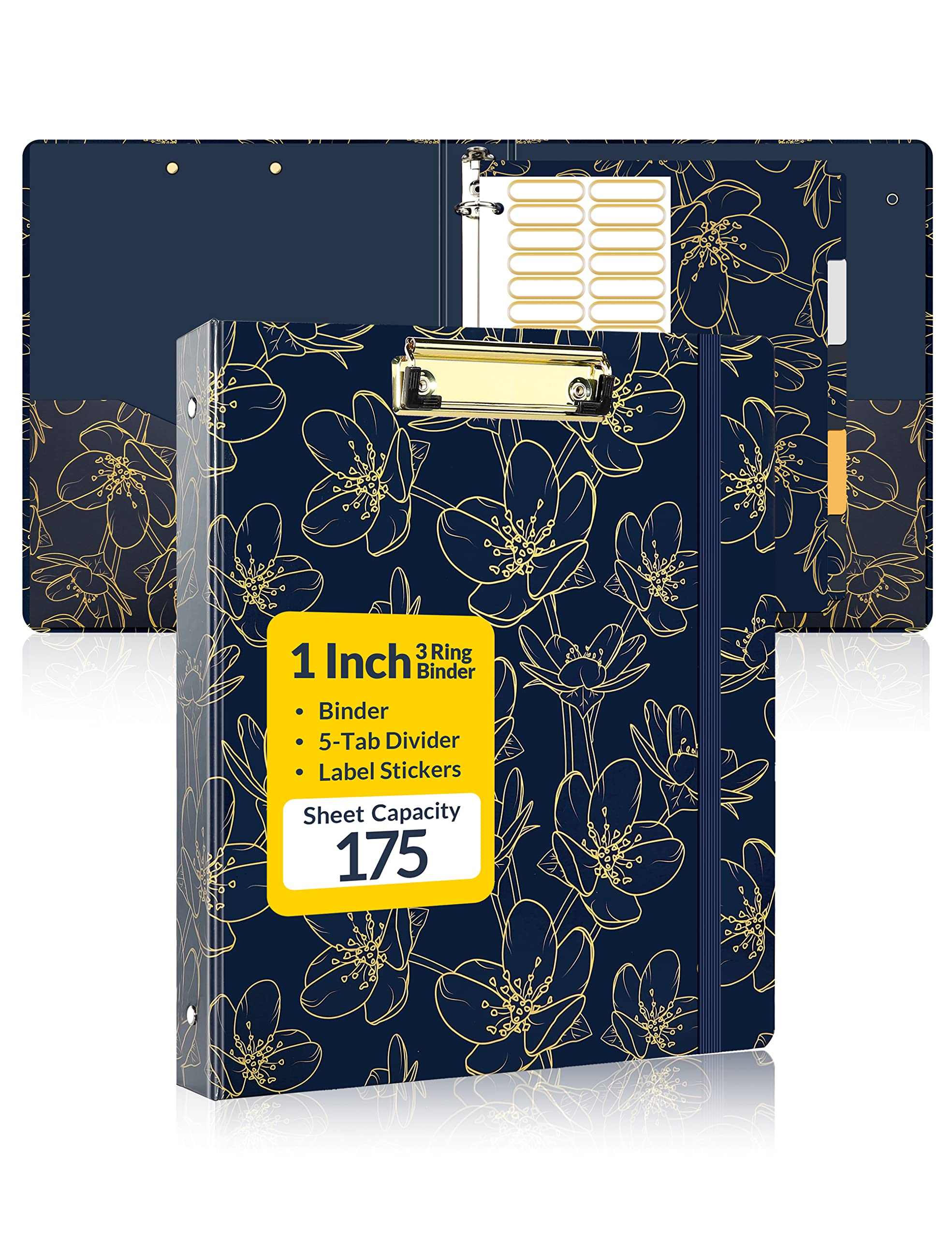 SUNEE 1 Inch 3 Ring Binder with 2 Pockets & 5 Tab Dividers - Gold Rose Navy Design Heavy Duty Binder for 8.5x11 Paper - Perfect for Office, School, and Home Organization