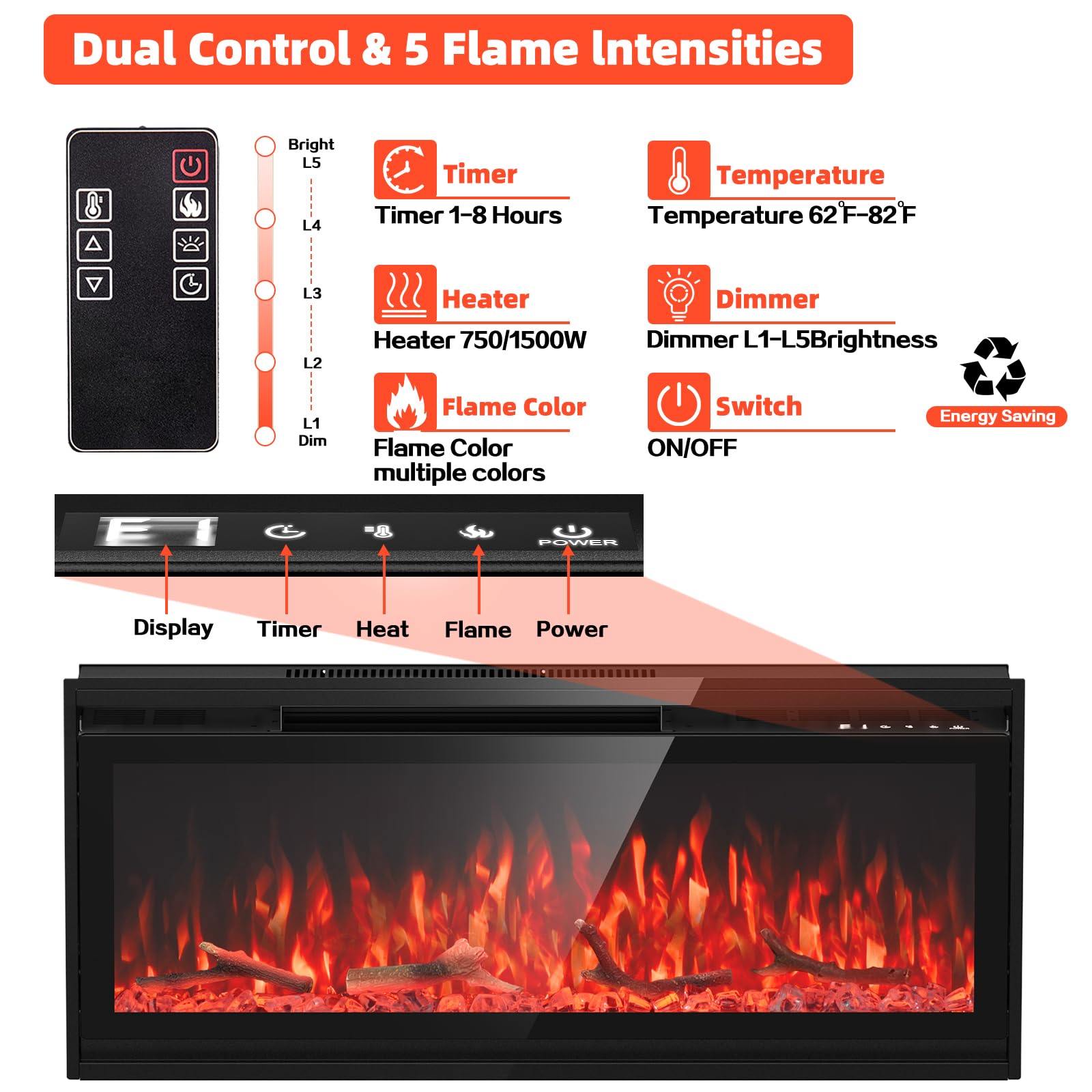 50 Inch Recessed Electric Fireplace with Remote - Wall Mounted Heater with Adjustable Flame Colors & Timer (750W/1500W) - Perfect for Living Room, Bedroom & Office - Black