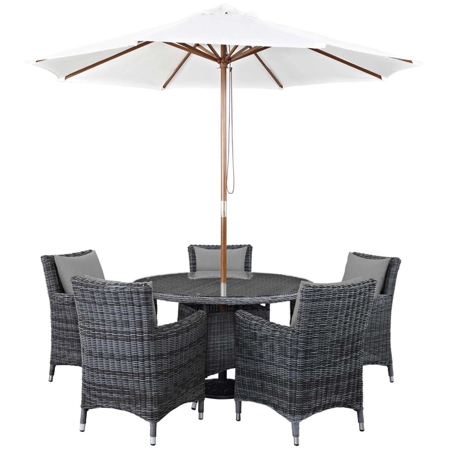 Modway Summon 7-Piece Outdoor Patio Dining Set with Tempered Glass Top in Canvas Gray - Perfect for Backyard BBQs, Poolside Dining & Garden Entertaining
