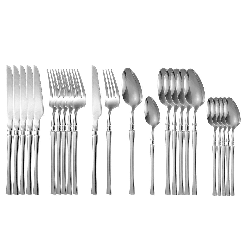 Premium 24-Piece Stainless Steel Silverware Set - Elegant Flatware for 6 Place Settings, Dishwasher Safe Dinnerware (Knives, Forks, Spoons) - Perfect for Formal Dining, Dinner Parties & Everyday Use (Silver)