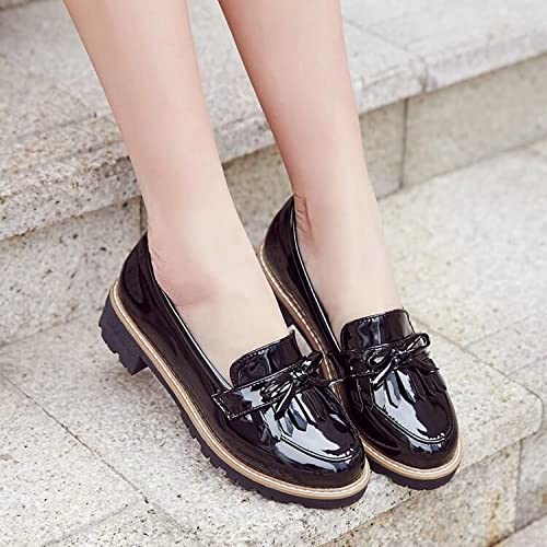 Women's Black Patent Leather Tassel Penny Loafers - Slip On Low Heel Pumps Shoes for Work, Office & Casual Outfits | Comfortable & Stylish Footwear