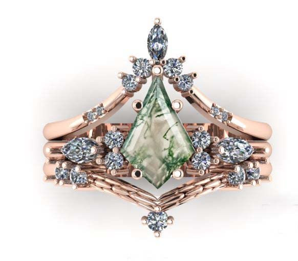 925 Sterling Silver Rose Gold Moss Agate Engagement Ring Set for Women - 3 Piece Bridal Ring Set, Art Deco Anniversary Jewelry - Perfect for Weddings, Proposals & Special Occasions