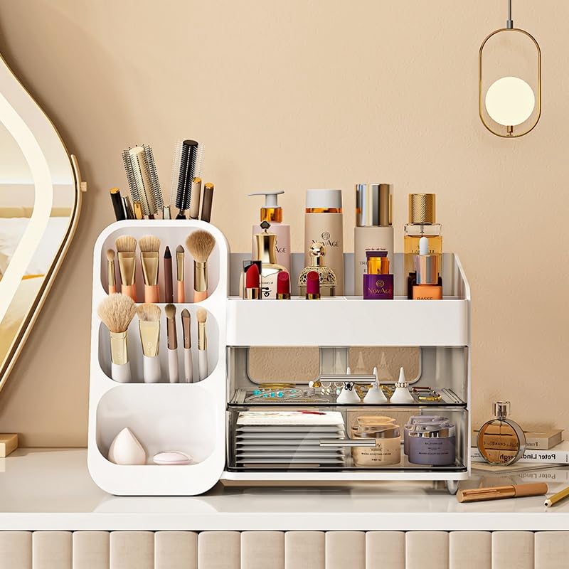 Large Makeup Organizer with Drawers - Spacious Vanity & Bathroom Storage for Cosmetics, Skincare, Brushes, Eyeshadow, Lipstick - Perfect for Bedroom, Dorm & Travel (White)