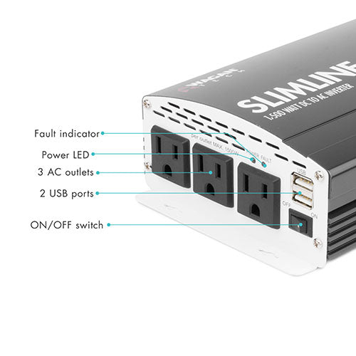 1500W Pure Sine Wave Power Inverter - Slimline Design for Cars, RVs & Boats - Reliable AC Power Supply for Camping, Emergencies & Outdoor Adventures