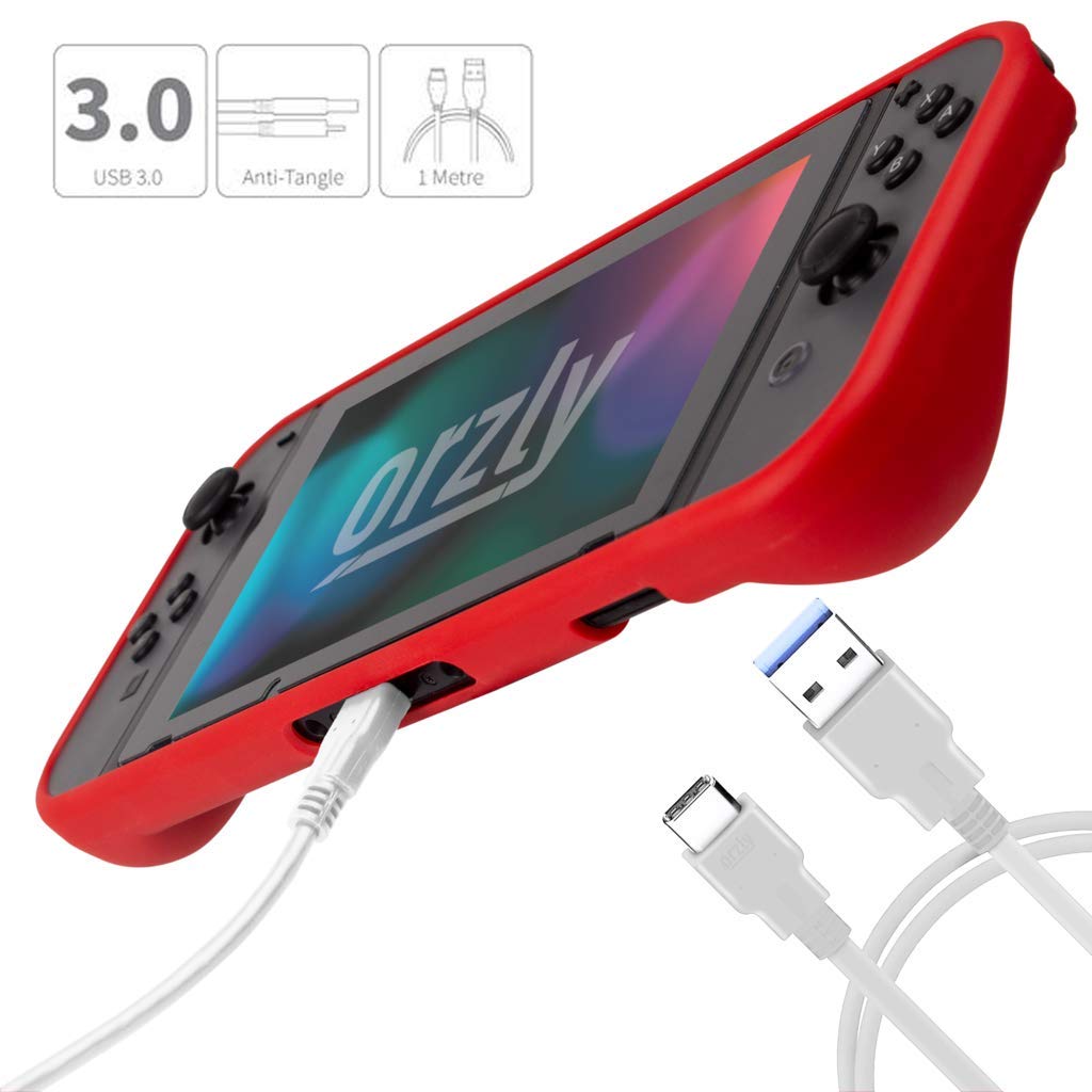 Orzly Nintendo Switch Accessory Bundle - Hard Travel Case, Tempered Glass Screen Protectors, USB-C Cable, Comfort Grip, Earbuds & Stylus (Red/Black/White) - Perfect for Switch Gaming Protection & On-the-Go Play