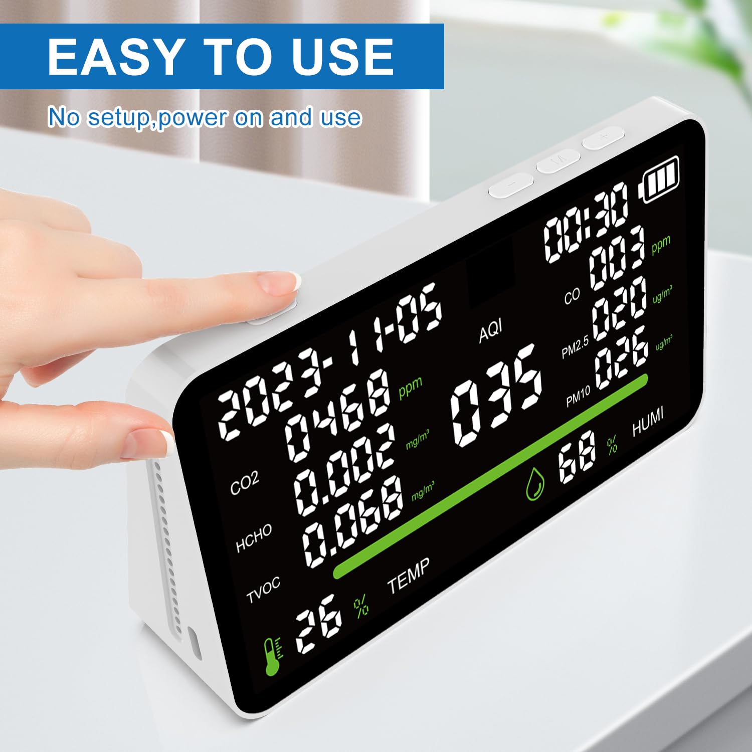11-in-1 Air Quality Monitor for Home & Office - CO2/VOC/PM2.5/Temp/Humidity Detector, Portable & Battery Powered