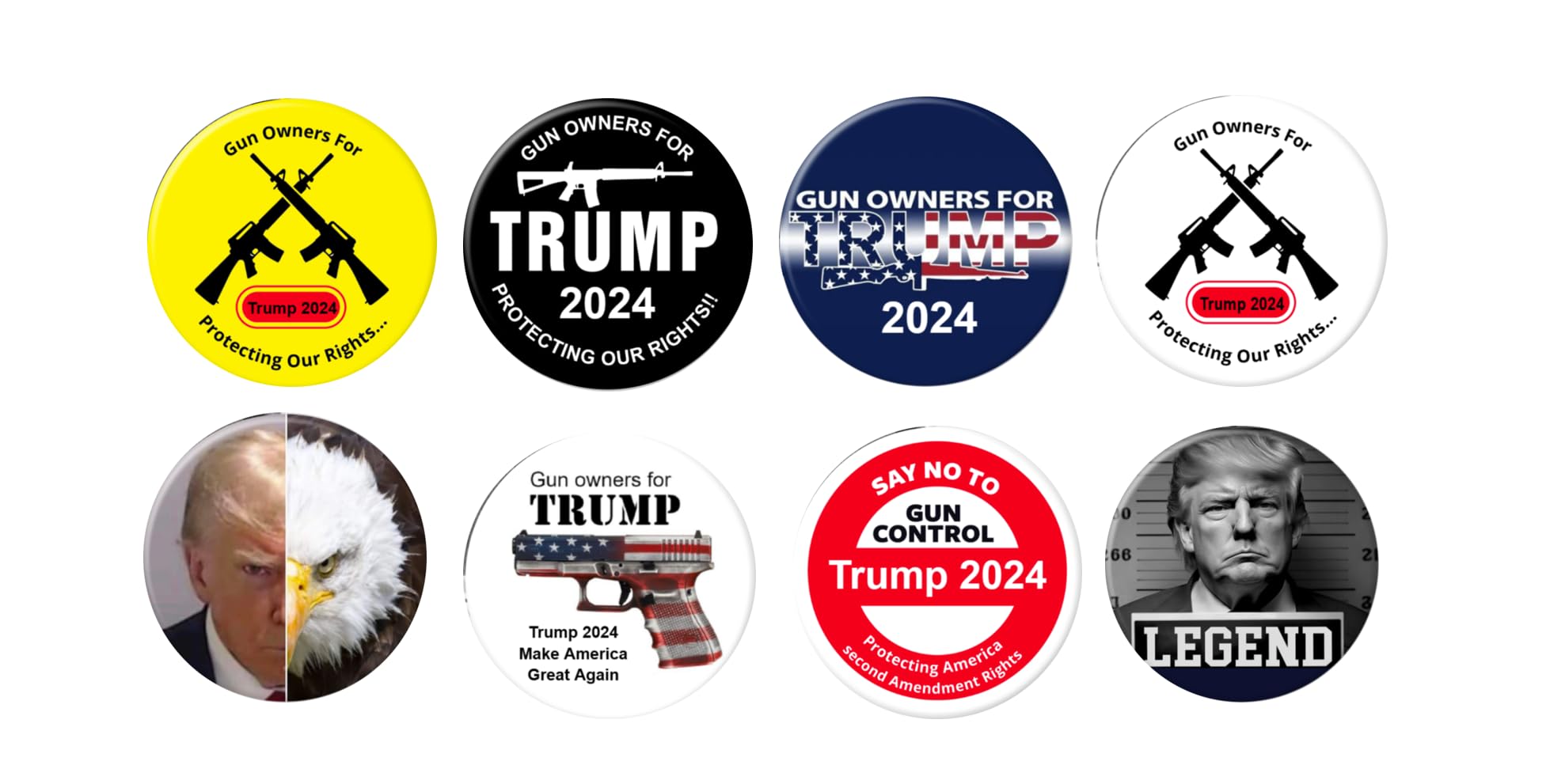 Pro 2A Trump 2024 Pins - Gun Owners for Trump Buttons Set of 8 (2.25 Inches) - Perfect for Political Rallies, Campaign Events & Conservative Apparel Accessories