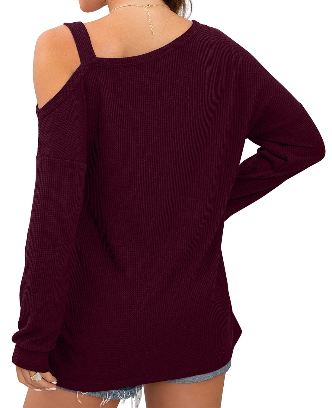 IWOLLENCE Women's Cold Shoulder Long Sleeve Blouse - Waffle Knit Tunic Top, Loose Fit Casual Shirt for Women | Perfect for Fall Layering, Date Nights & Weekend Outfits