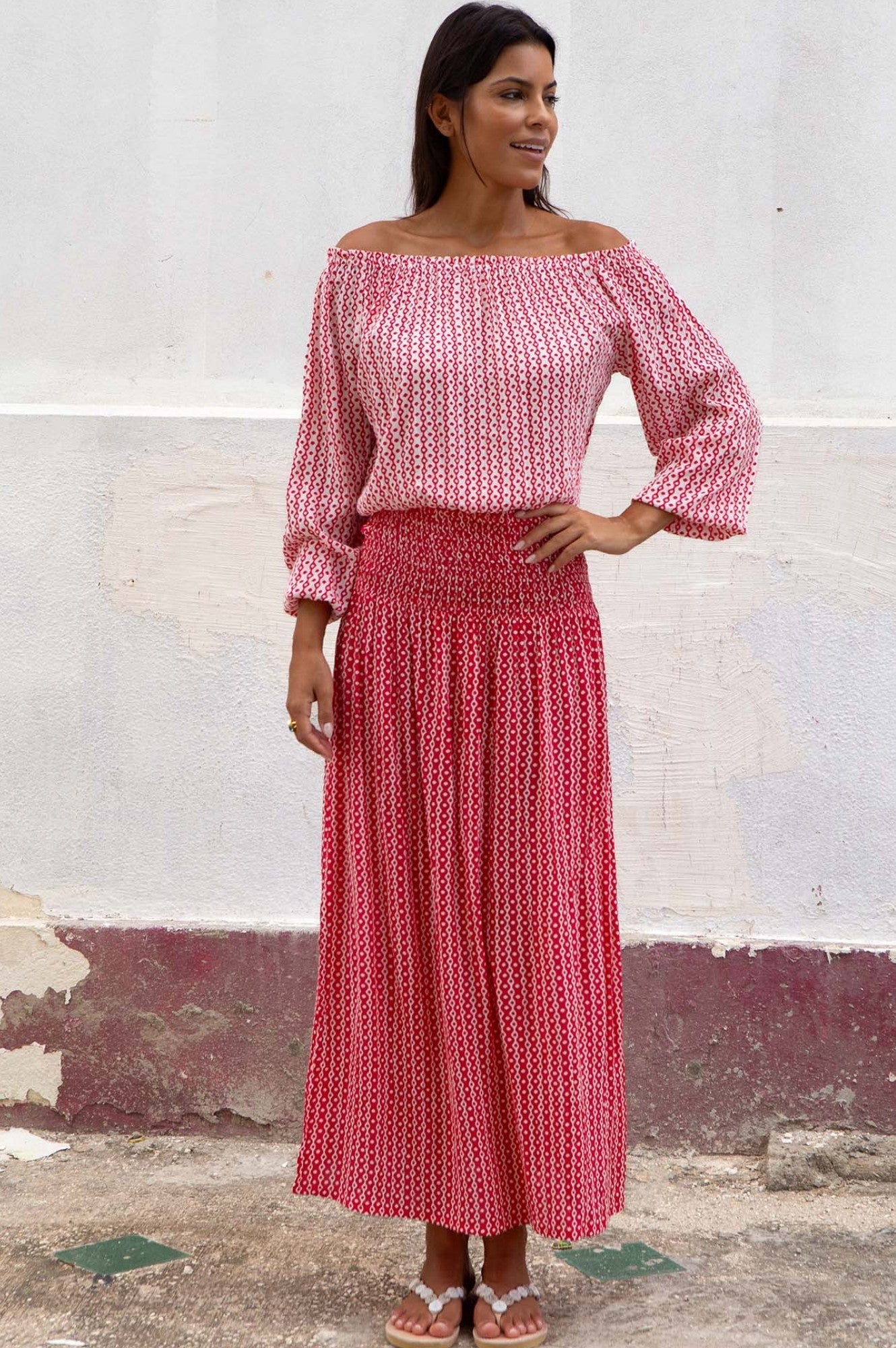 Brady Skirt with Santorini Border in Red and White - Stylish Summer Dress for Beach Vacations and Casual Outings