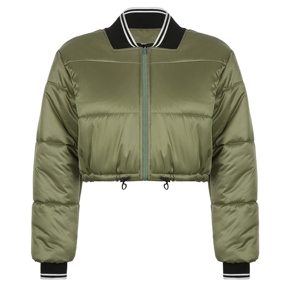 Women's Green Puffer Crop Jacket - Short Bubble Coat for Winter Fashion - Warm Stylish Outerwear for Casual Outings & Streetwear (Color: S)