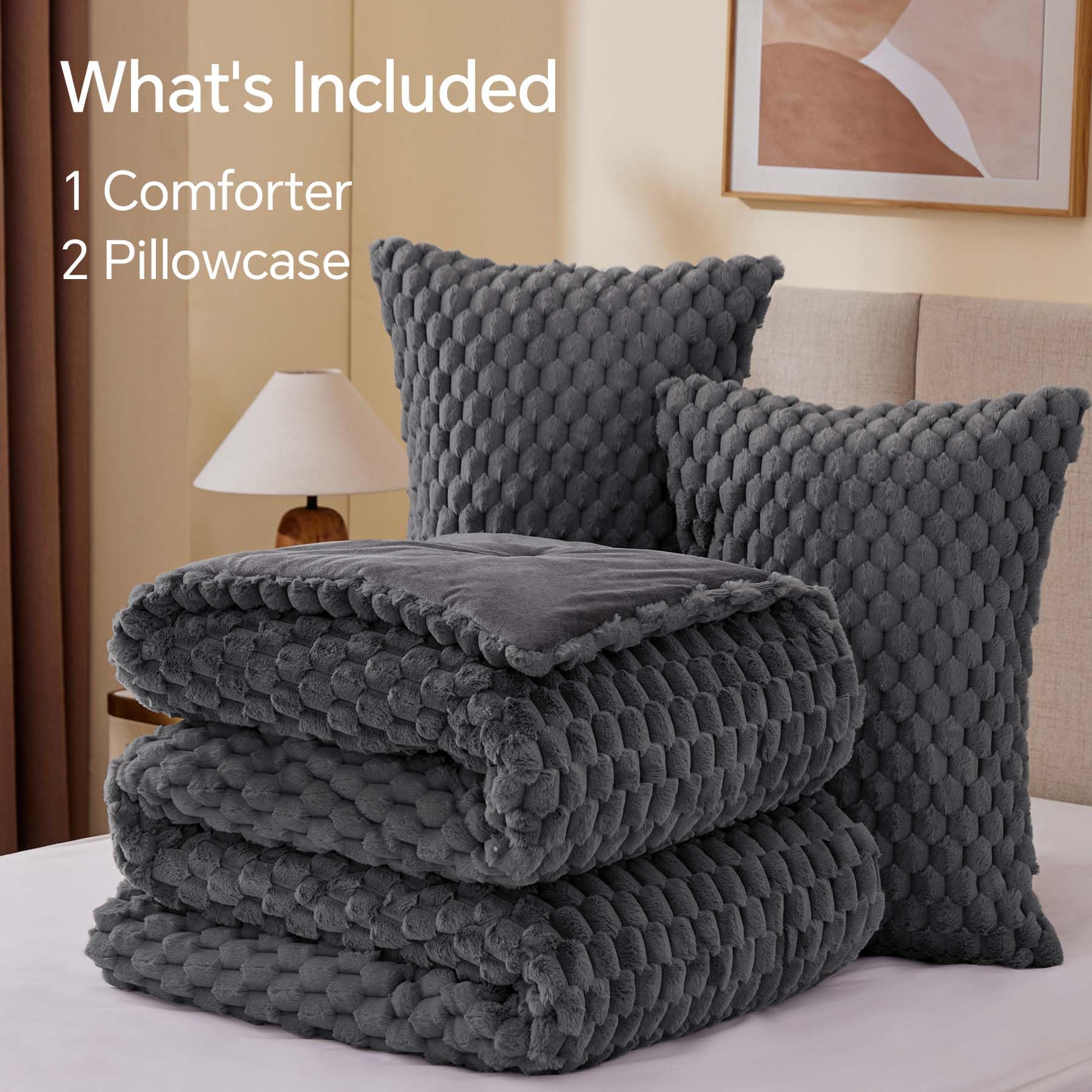 BEDELITE Fluffy King Size Comforter Set - Ultra Soft Grey Fleece Bedding for King Beds | 3-Piece Winter Warm Comforter with Pillowcases | Cozy Luxury Bed Set for Cold Nights & Master Bedrooms
