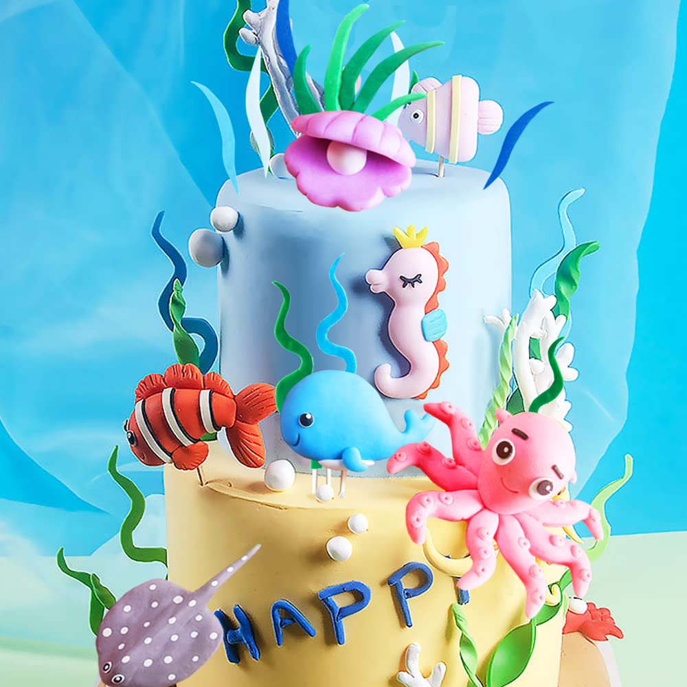 16 Pcs Under The Sea Cake Toppers - Ocean Themed Party Decorations with Devil Fish, Octopus & Seahorse - Perfect for Birthday Cakes, Baby Showers & Underwater Theme Parties