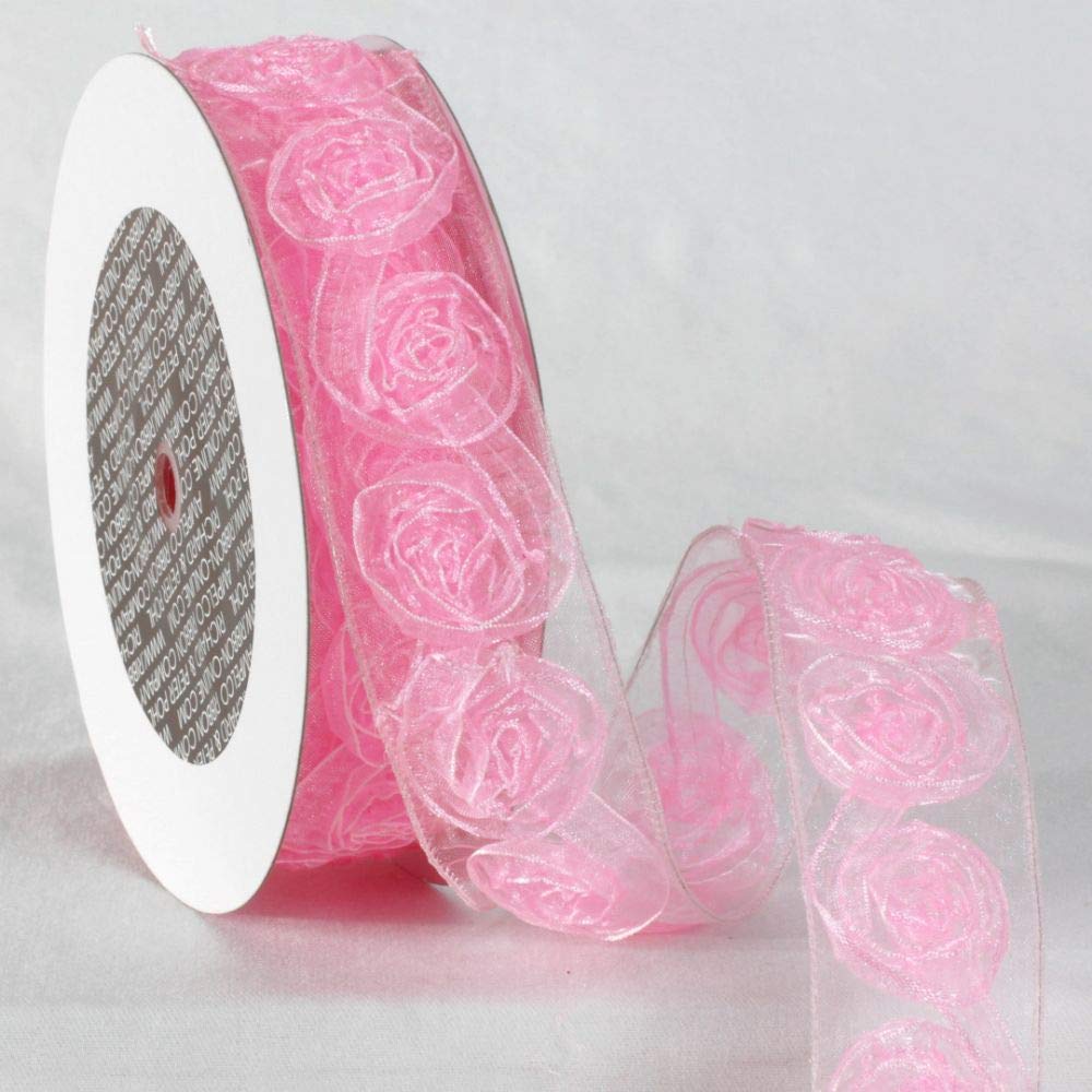 Pink Sheer Elegance Roses Wired Craft Ribbon - 1.5 Inch x 11 Yards Floral Gift Wrapping, DIY Wedding Decor, Scrapbooking & Home Decoration