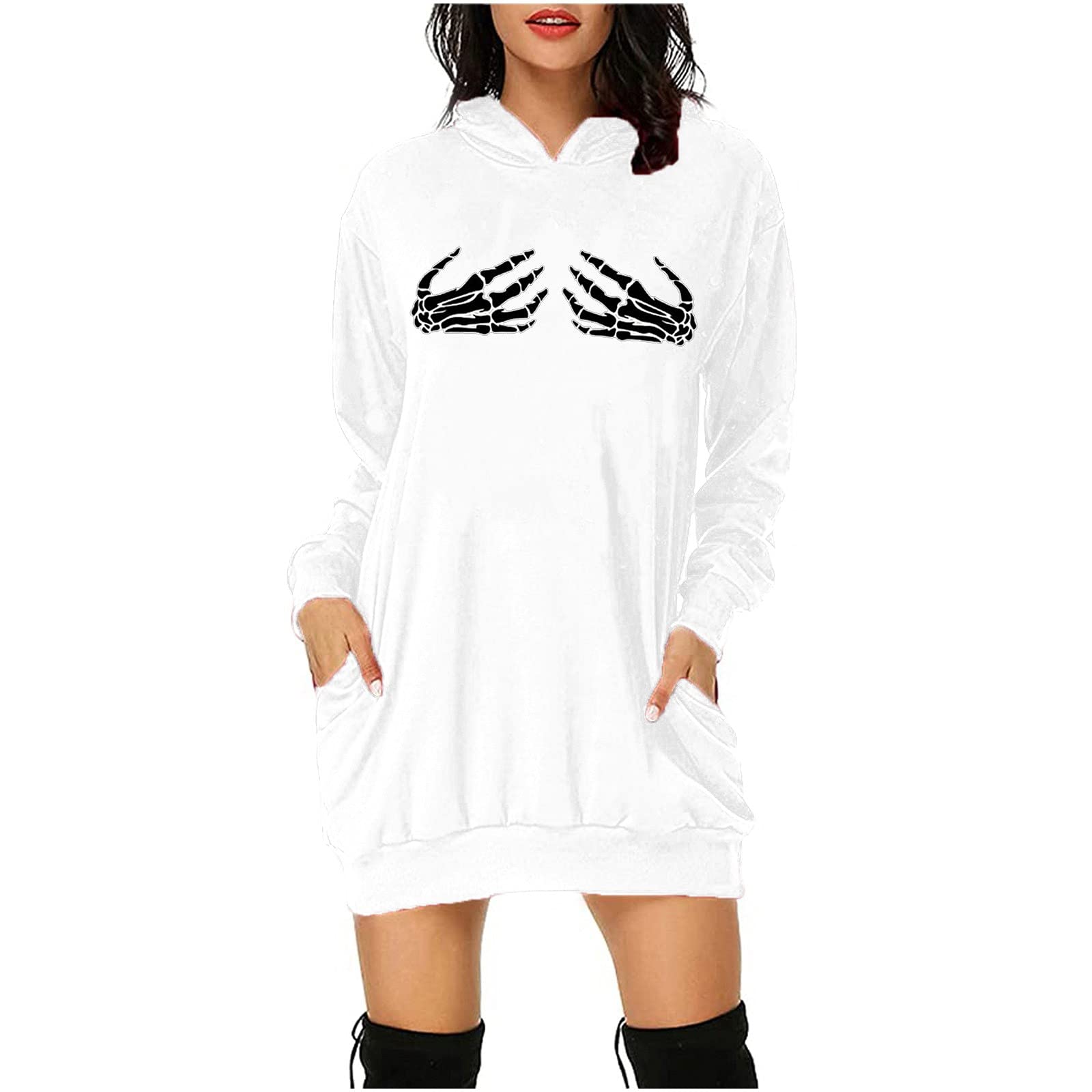 Women's Skull Print Hooded Sweatshirt Dress - Long Sleeve Pullover Halloween Mini Dress with Pocket | Casual Fall Outfit for Parties, Streetwear & Cozy Loungewear