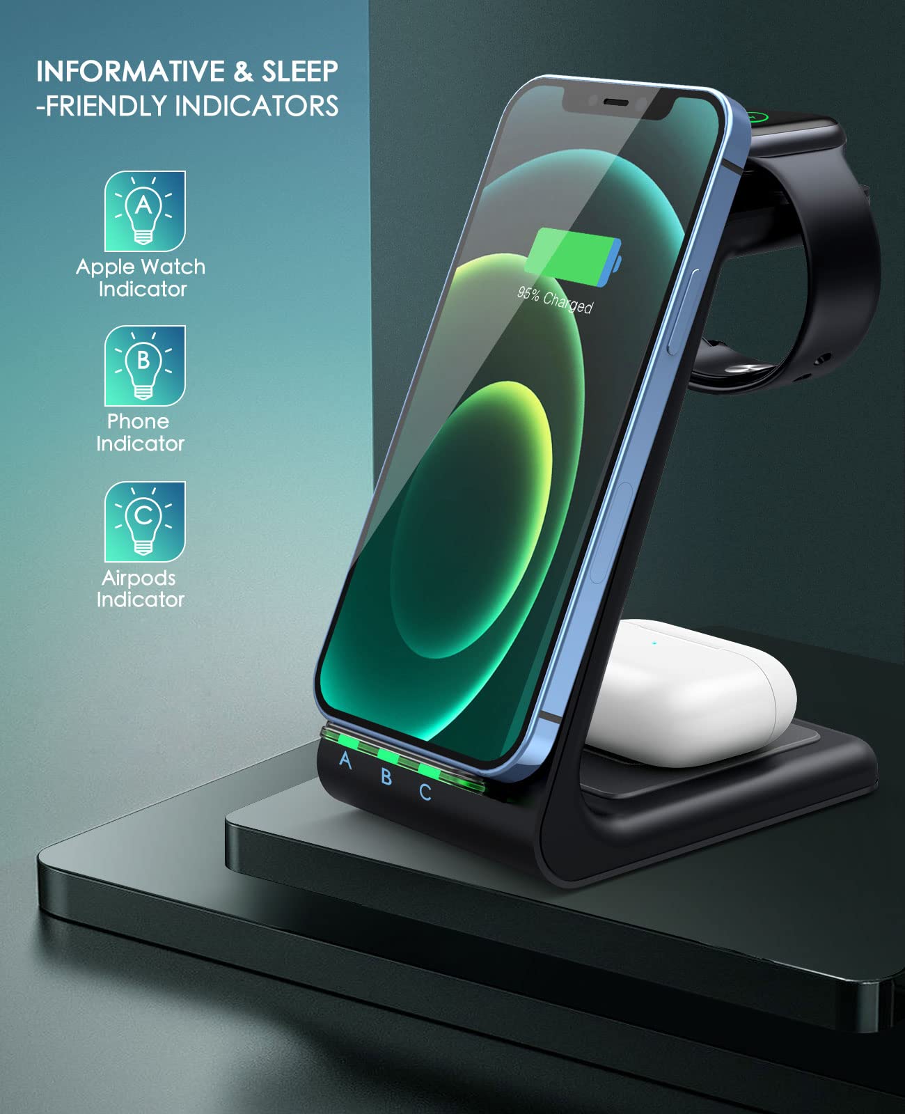 3-in-1 Fast Wireless Charging Station for iPhone 15/14/13/12/11 Pro Max/X/Xs/8/8 Plus, AirPods Pro/3/2 & Apple Watch Series 9/8/7/6/5/SE/4/3/2 - Sleek Black Charging Stand for Bedside, Office & Travel Use
