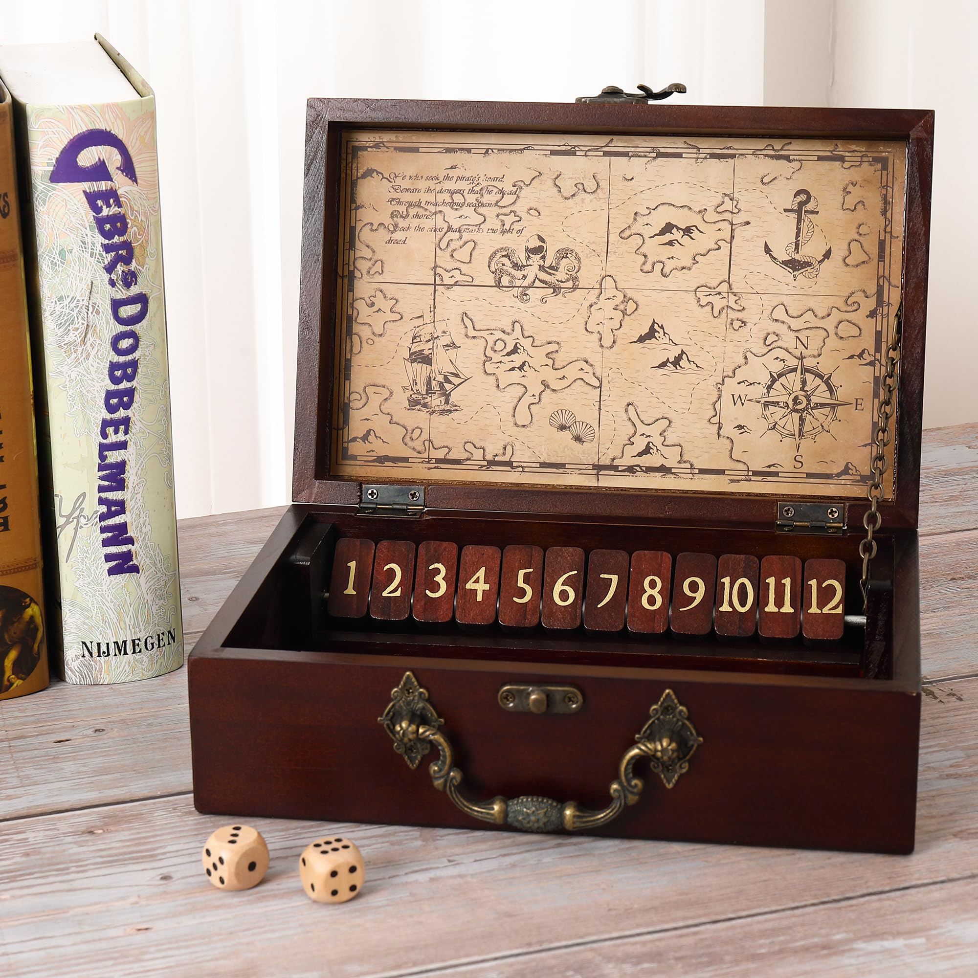 STERLING Games 12 Number Shut The Box Wooden Dice Game - Portable Travel Case with Nautical Design - Fun Family Board Game for Kids & Adults - Perfect for Parties, Camping & Beach Outings