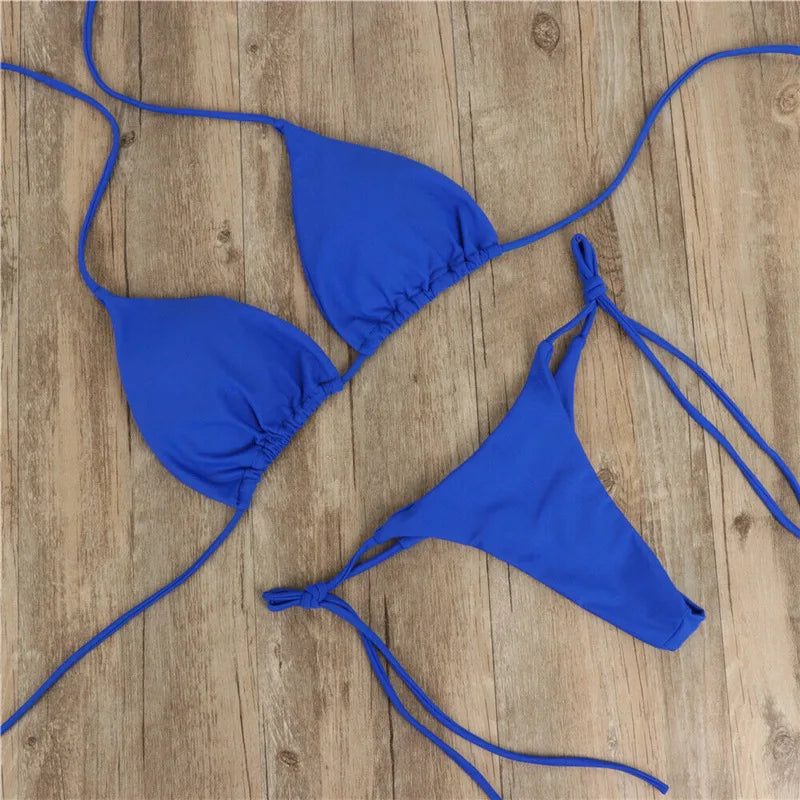 2 Pcs Women's Sexy Solid Color Bikini Set - Halter Neck Strap Thong Swimwear Bathing Suit for Beach, Pool Party & Summer Vacation