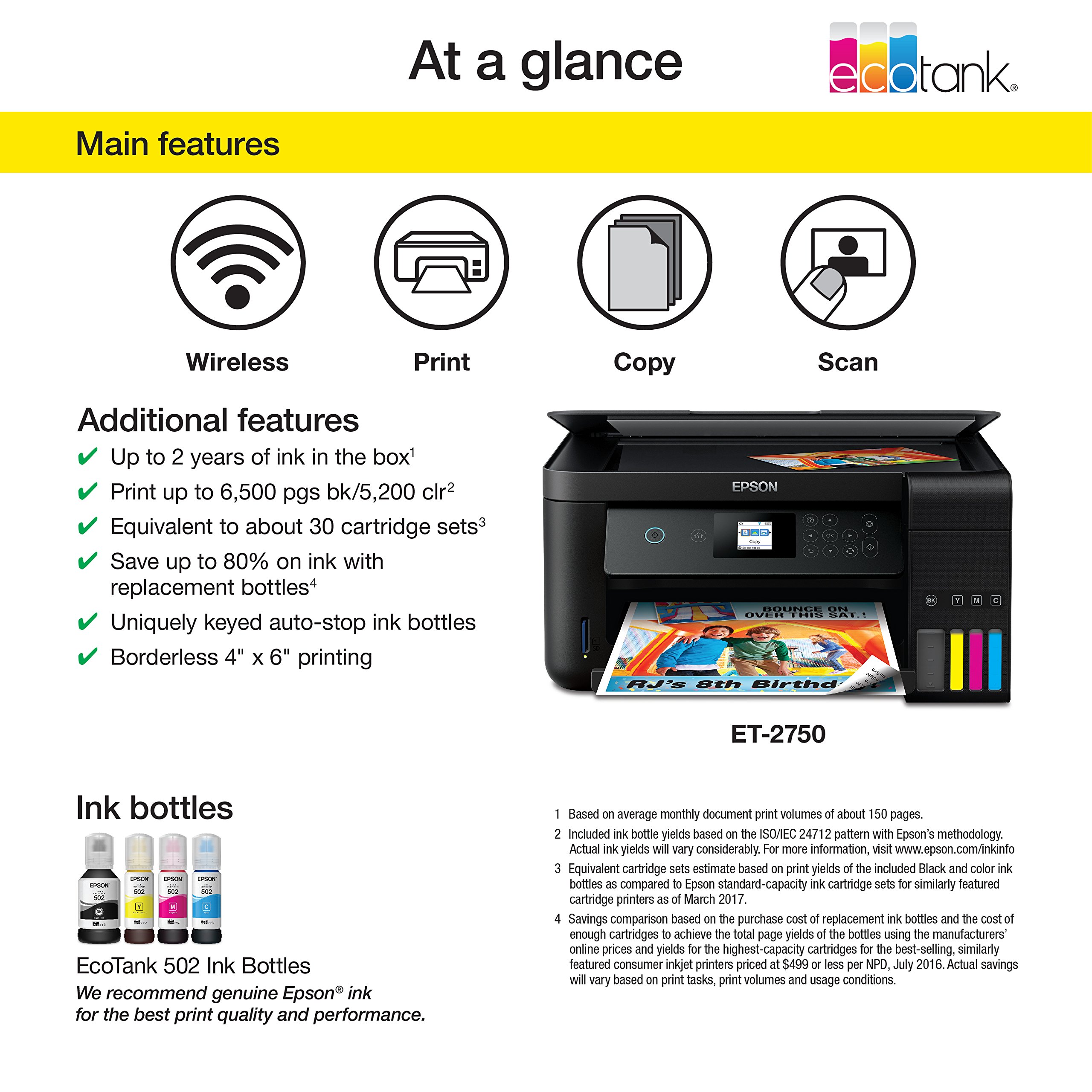 Epson Expression ET-2750 EcoTank Wireless Color All-in-One Printer with Scanner, Copier & Supertank - Refurbished | Perfect for Home Office, Small Business & Remote Work Printing Needs