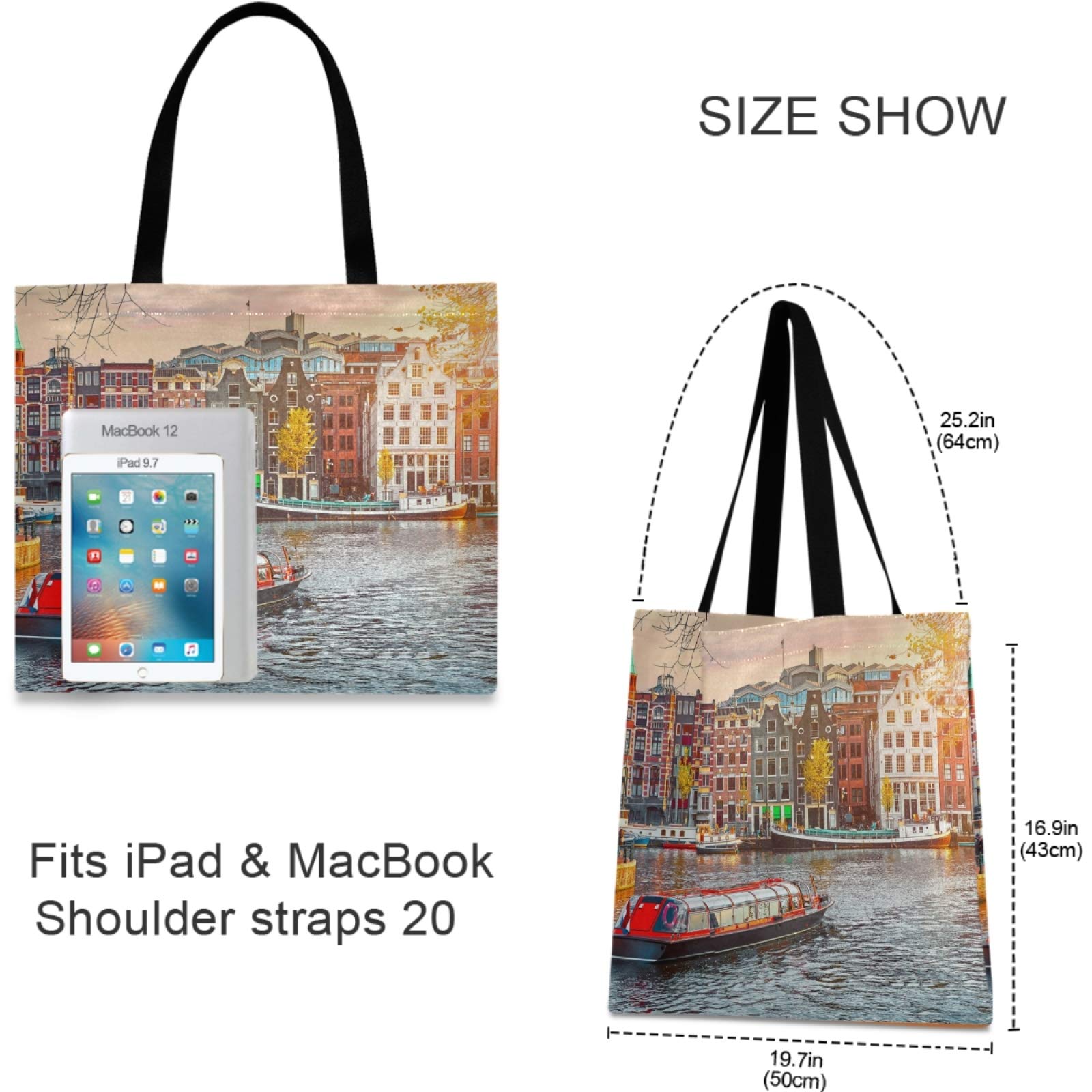 Visesunny Women's Extra Large Tote Bag - Amsterdam Netherlands Print, Durable Shoulder Bag for Beach, Travel, Grocery Shopping & Daily Use | Reusable Storage Handbag for Work, Commute & Weekend Outings
