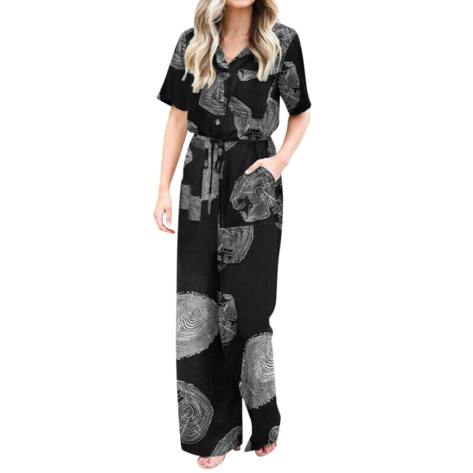XINSHIDE Women's Floral Print Jumpsuit - Short Sleeve Turn Down Collar Wide Leg Romper with Pockets | Beach Outfit, Summer Vacation, Casual Wear, Outdoor Activities