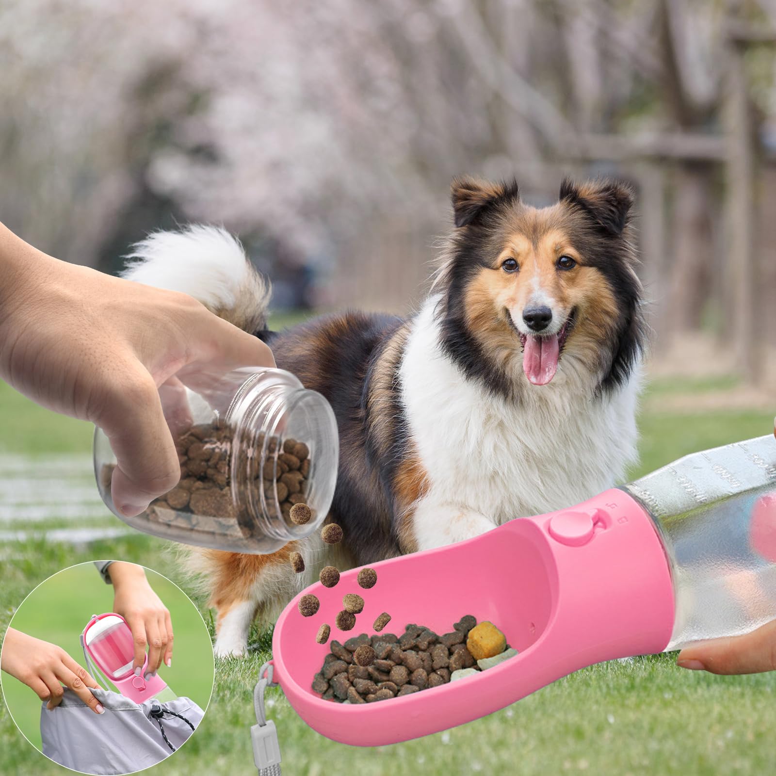 20oz Leak-Proof Dog Water Bottle with Food Container & Poop Bag Dispenser | Portable Pet Water Bottle with Carabiner Clip for Walking, Hiking, Camping, Travel | Perfect for Outdoor Adventures with Your Dog